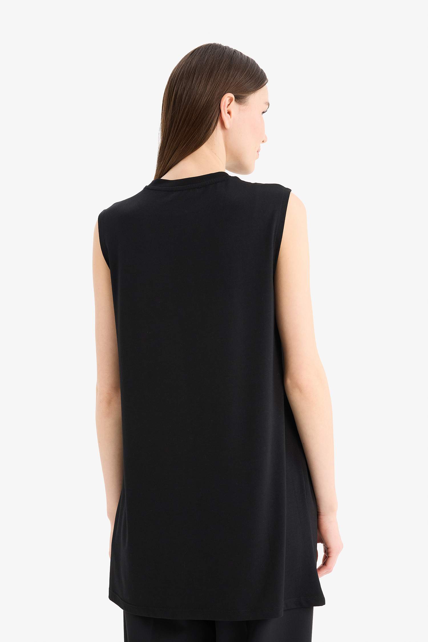 Regular Fit Bisiklet Yaka Basic Düz Kolsuz Tesettür Tişört Tunik