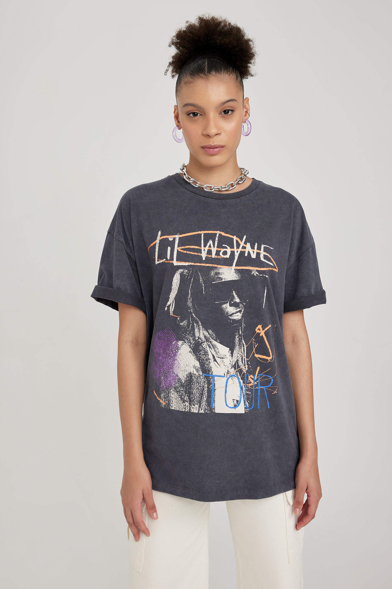 Anthracite WOMAN Oversize Fit Lil Wayne Licensed Printed Short Sleeve T ...