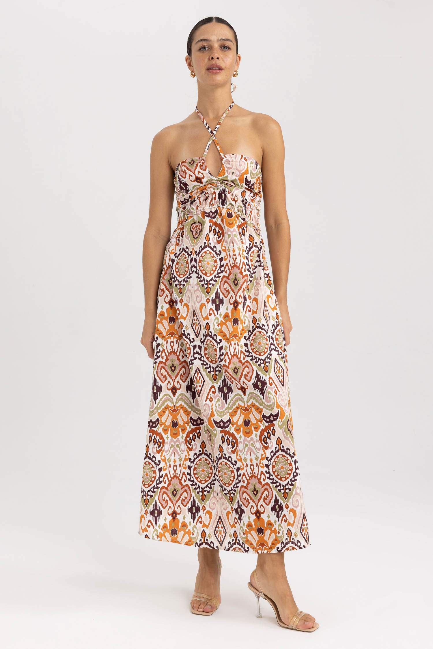 فستان ميدي بنمط عرقي بدون بأكمام بدون حمالات