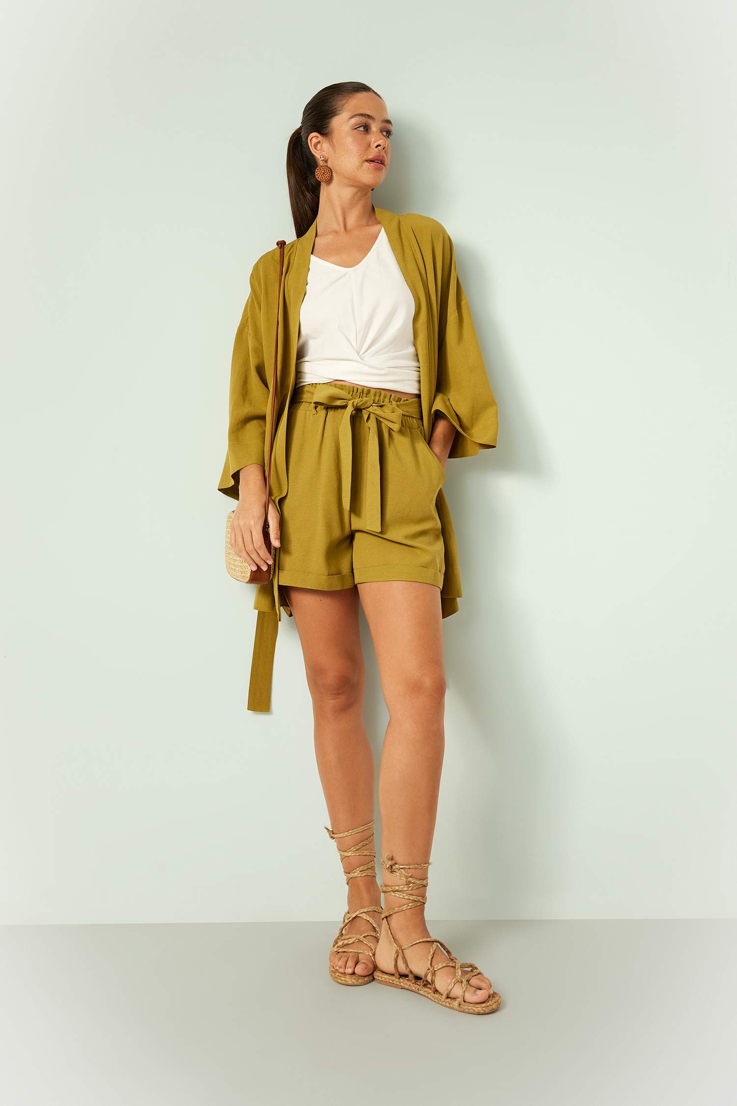 Short taille haute en lin mélangé