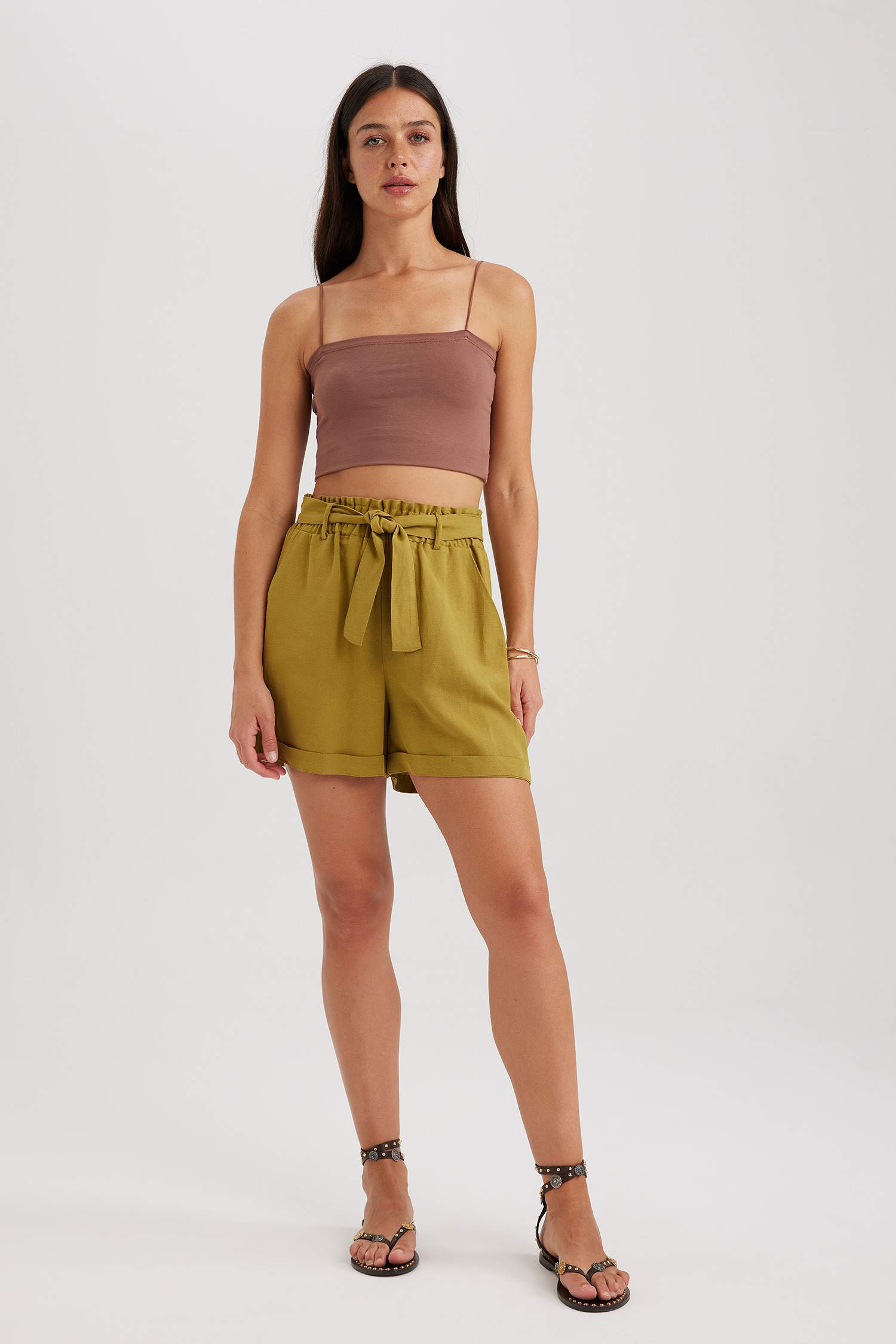 Short taille haute en lin mélangé