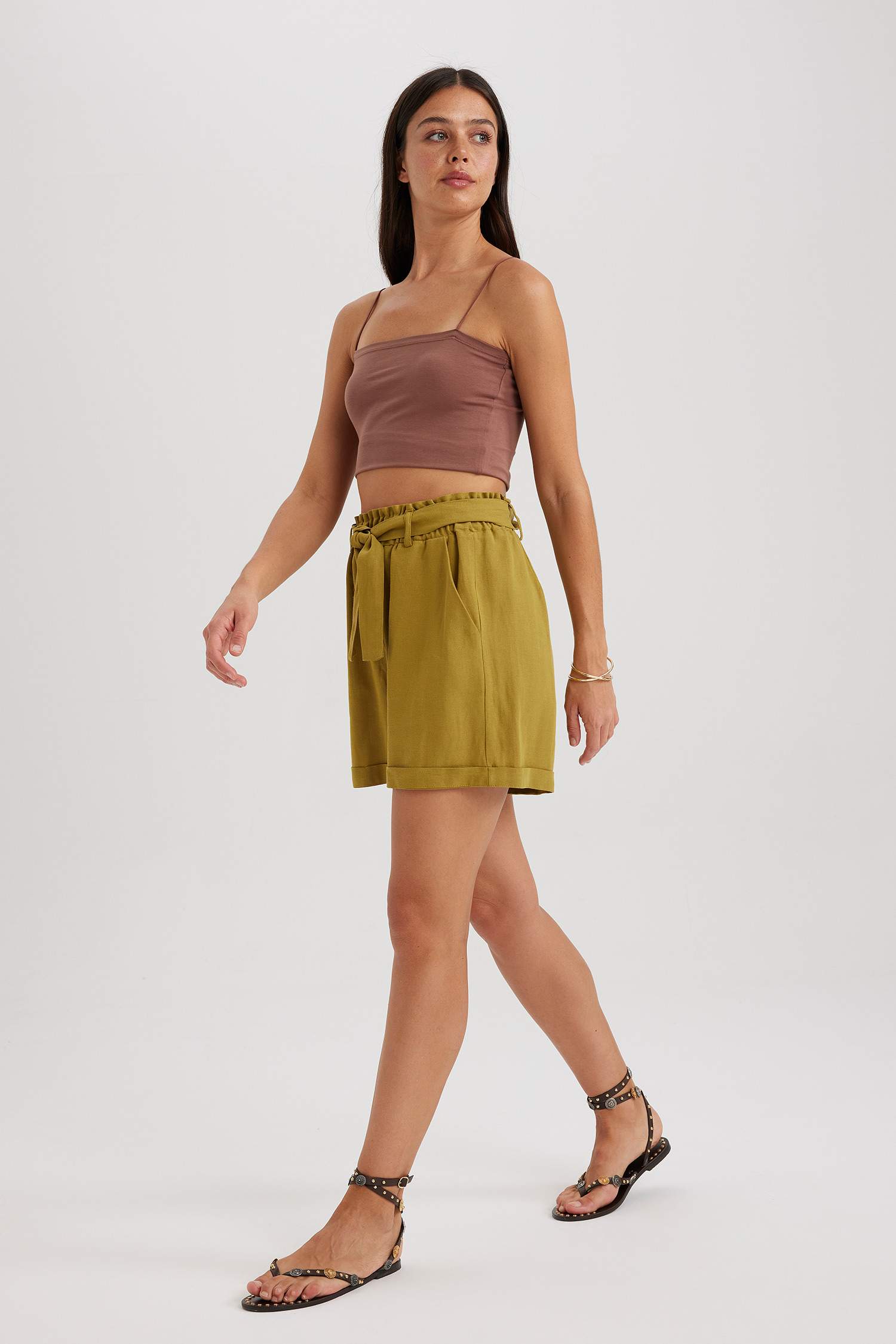 Short taille haute en lin mélangé