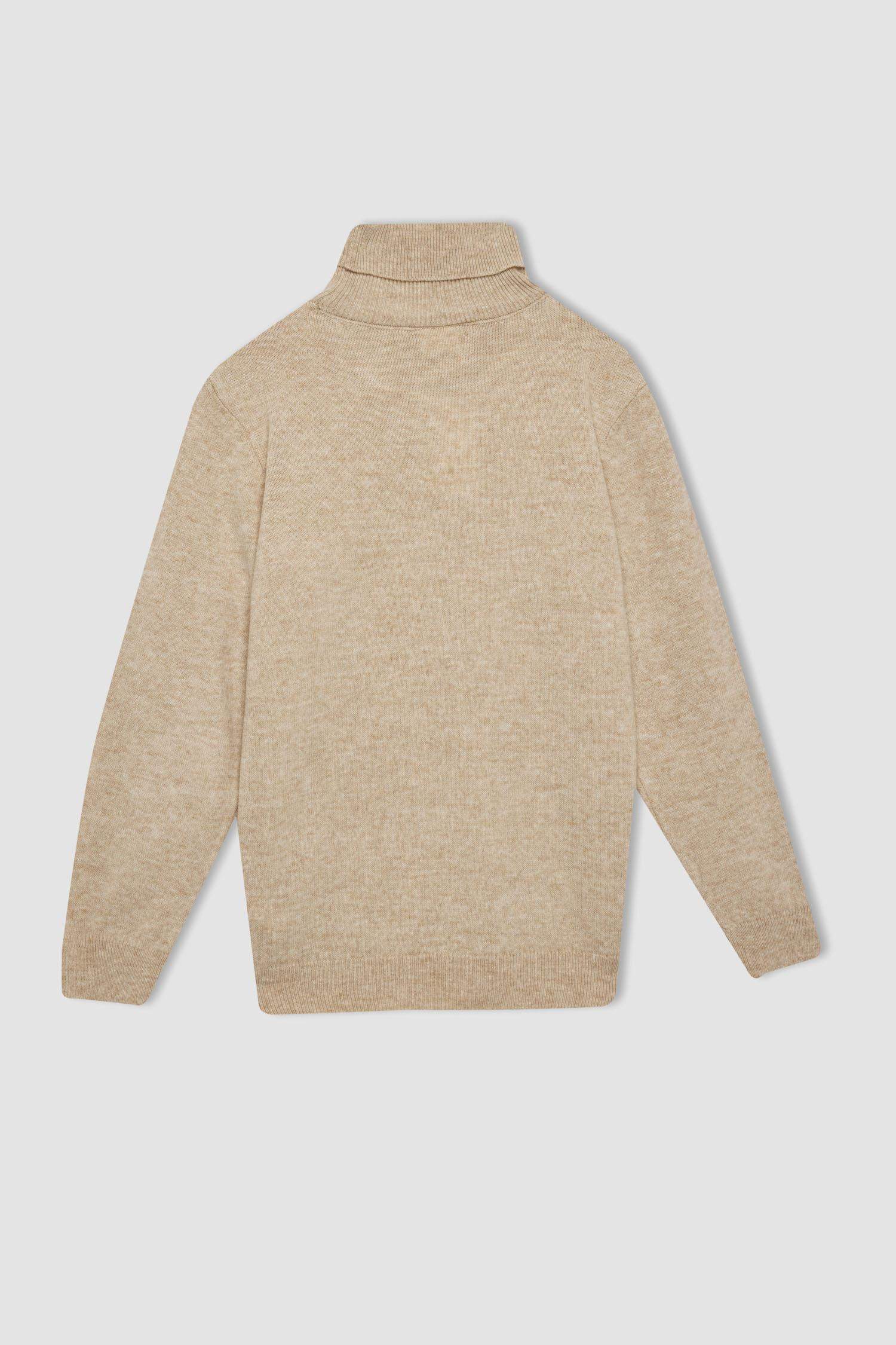 Erkek Çocuk Bej Balıkçı Yaka Basic Düz Triko Kazak