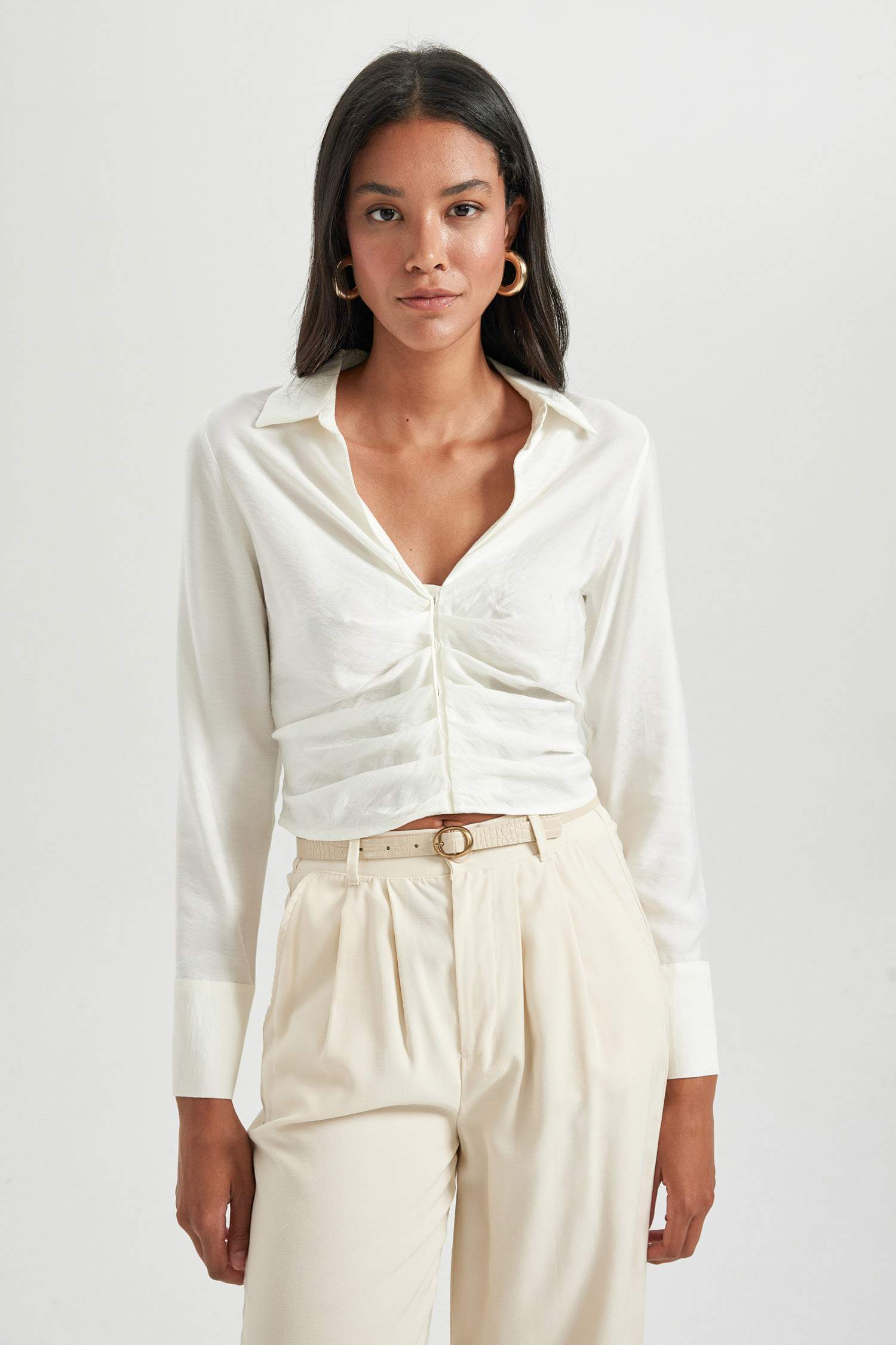 Fitted V Yaka Uzun Kollu Bluz