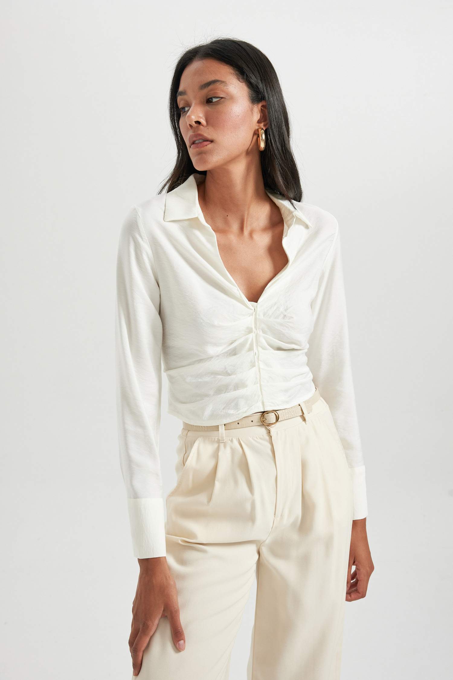 Fitted V Yaka Uzun Kollu Bluz