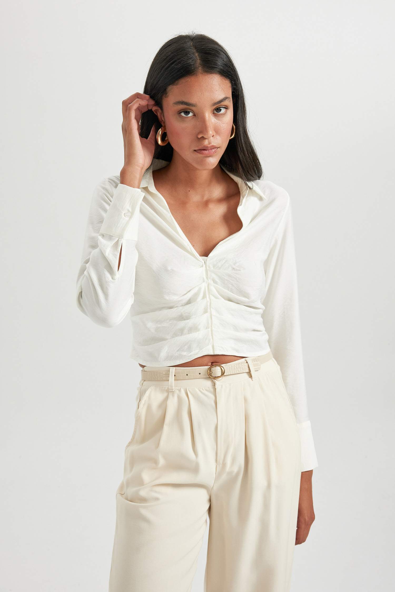 Fitted V Yaka Uzun Kollu Bluz