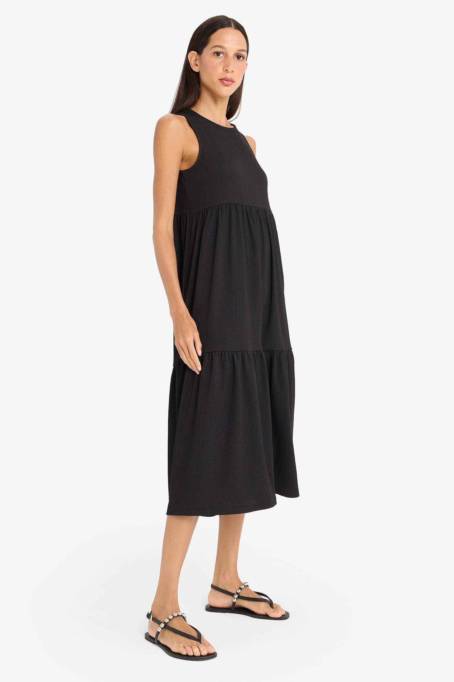 Bisiklet Yaka Bürümcük Kolsuz Midi Siyah Yazlık Elbise