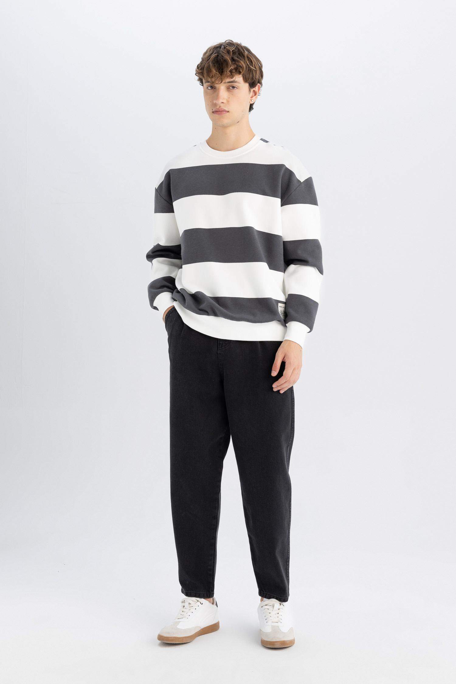 Antrasit Boxy Fit Bisiklet Yaka Çizgili Sweatshirt