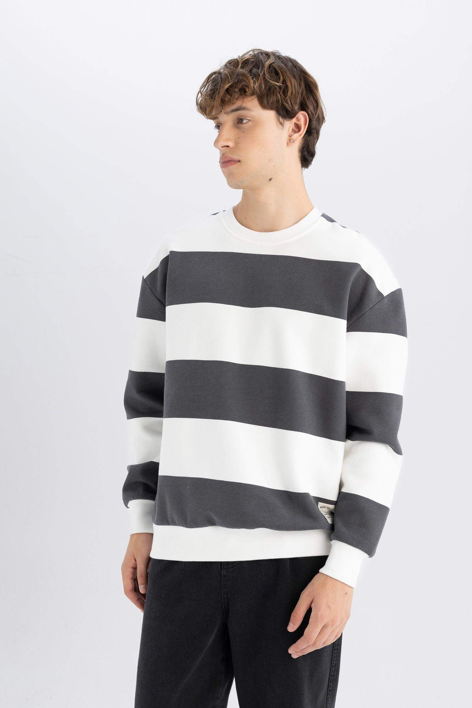 Antrasit Boxy Fit Bisiklet Yaka Çizgili Sweatshirt