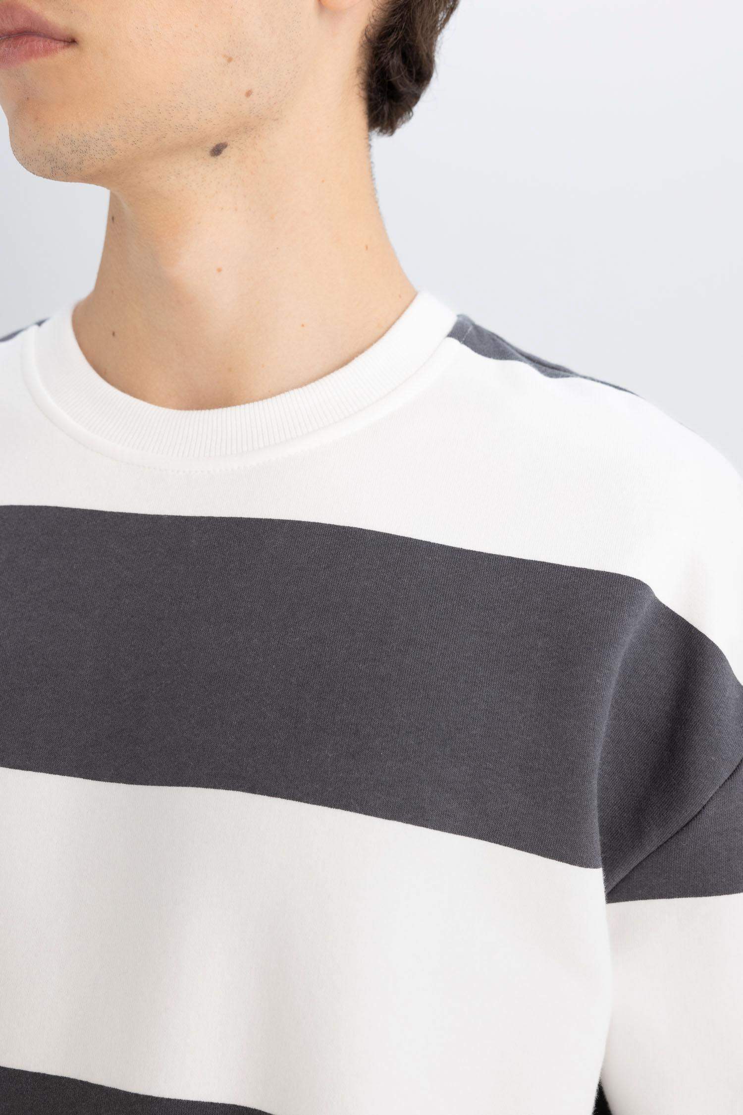 Antrasit Boxy Fit Bisiklet Yaka Çizgili Sweatshirt