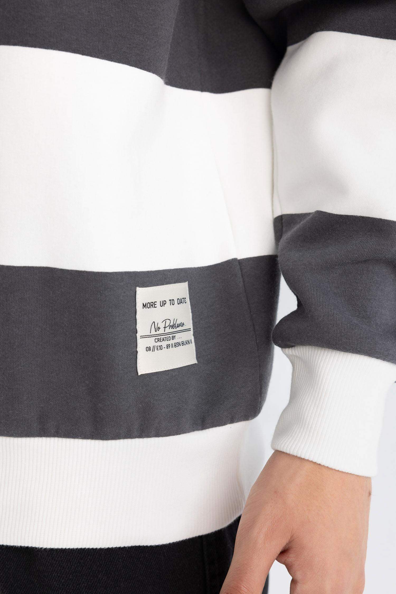 Antrasit Boxy Fit Bisiklet Yaka Çizgili Sweatshirt