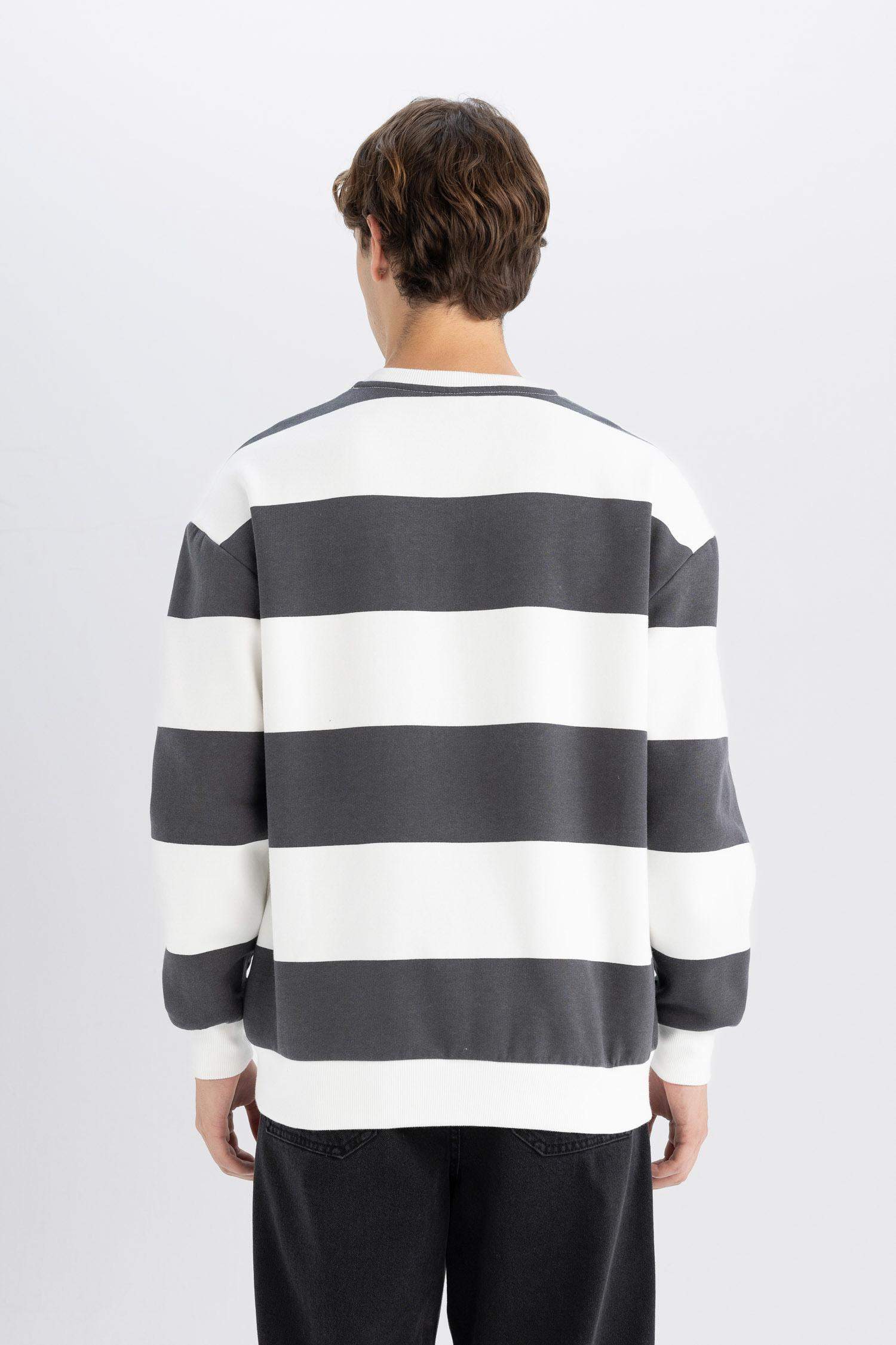 Antrasit Boxy Fit Bisiklet Yaka Çizgili Sweatshirt