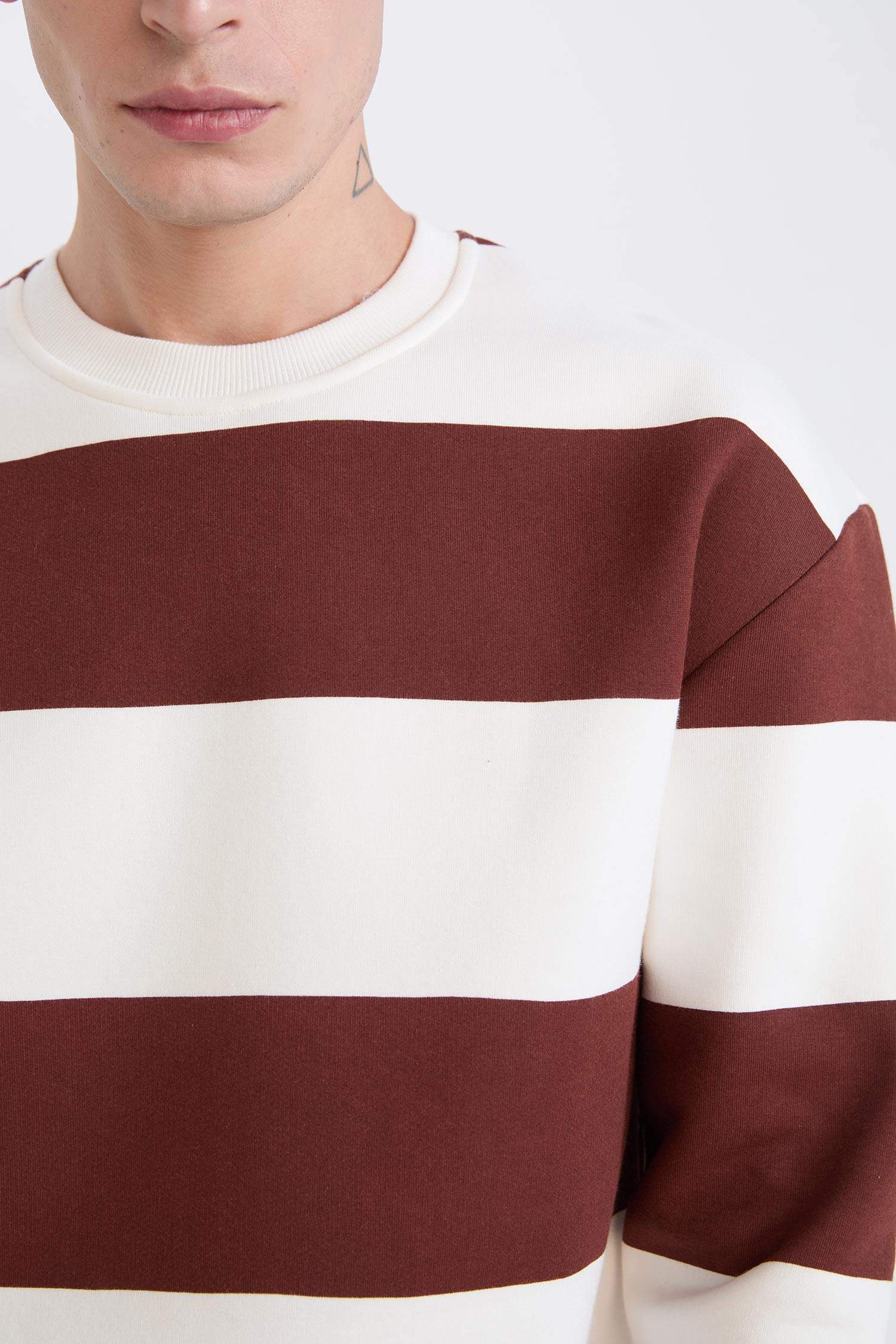 Boxy Fit Bisiklet Yaka Çizgili Dokuma Etiketli Sweatshirt