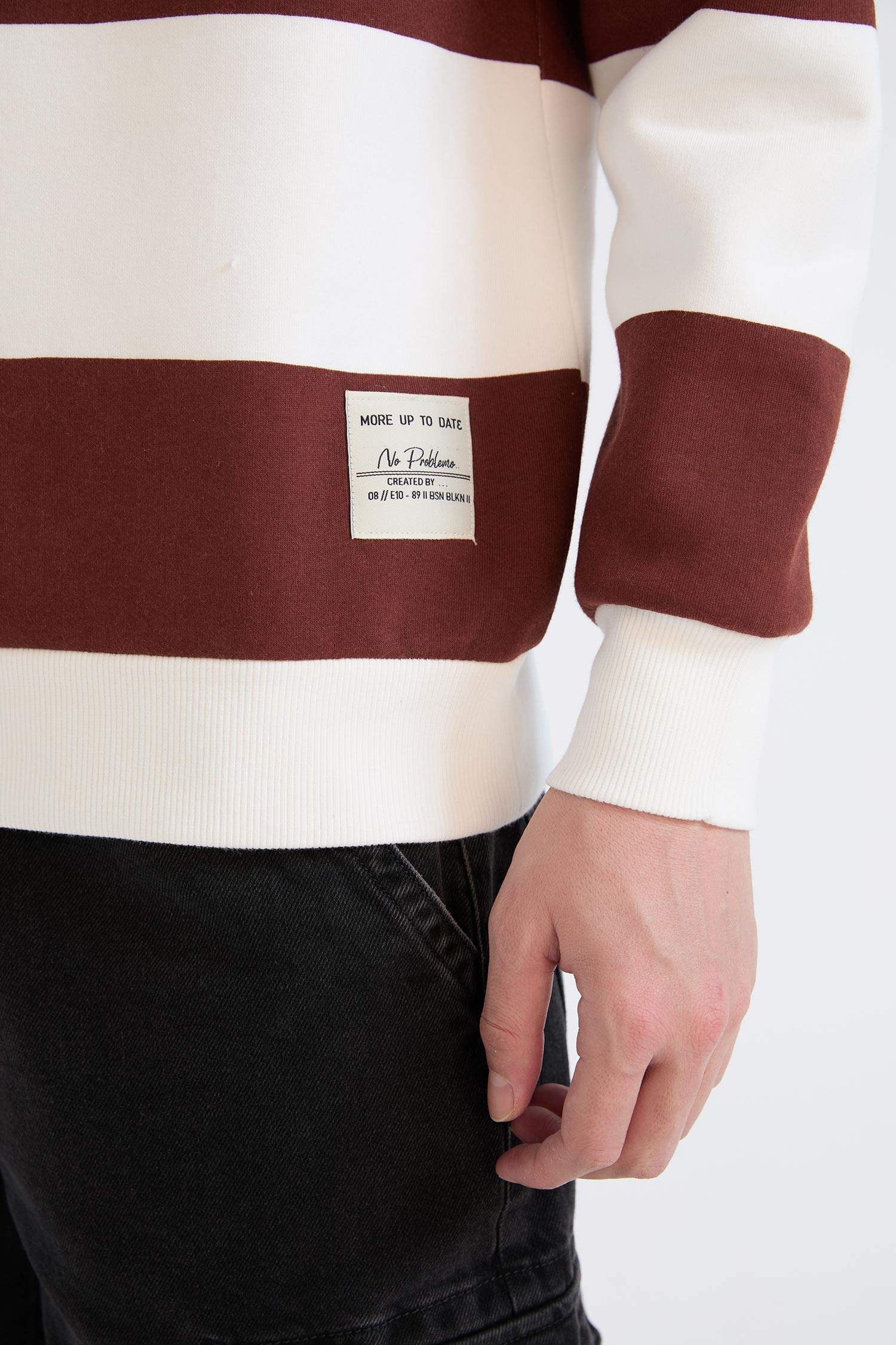 Boxy Fit Bisiklet Yaka Çizgili Dokuma Etiketli Sweatshirt