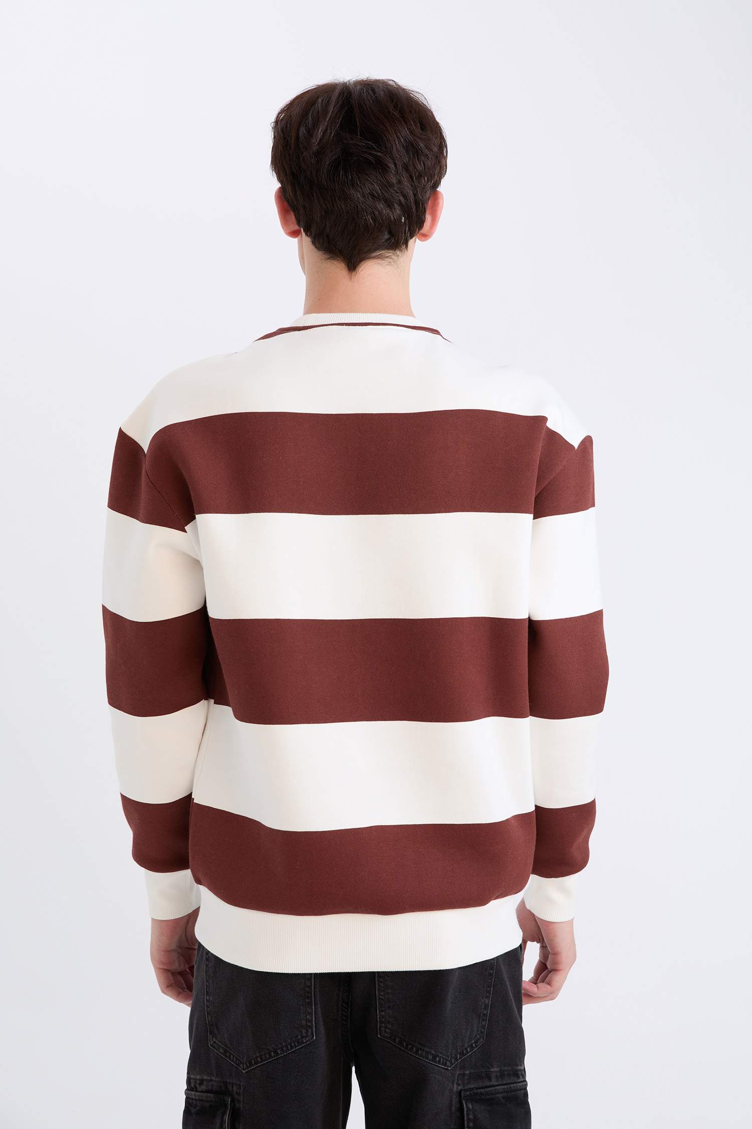 Boxy Fit Bisiklet Yaka Çizgili Dokuma Etiketli Sweatshirt