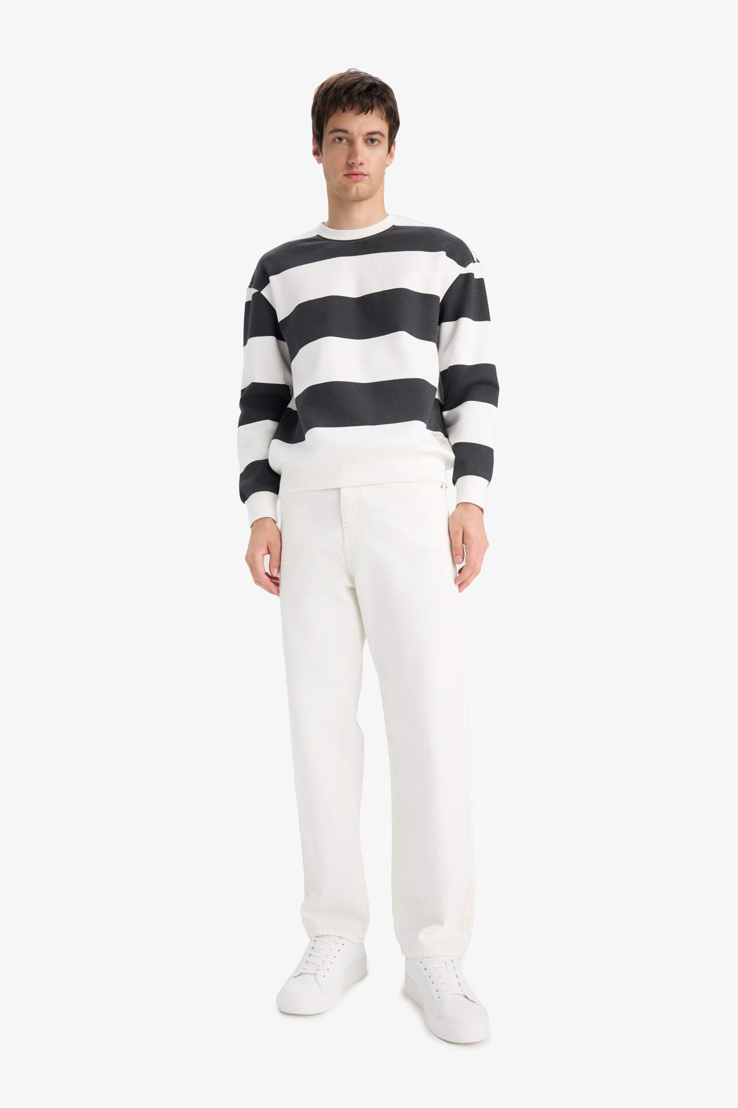 Boxy Fit Bisiklet Yaka Çizgili Sweatshirt