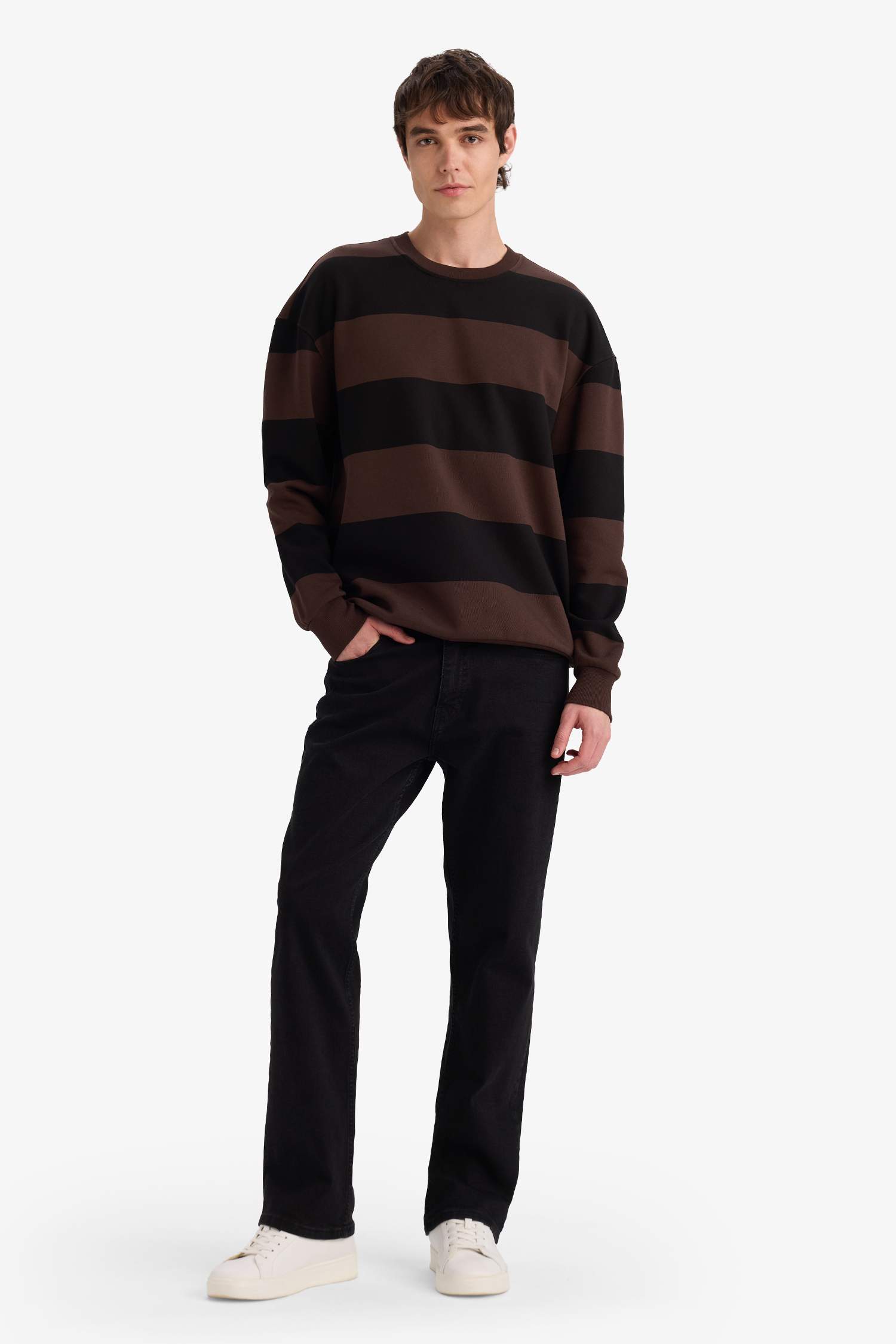 Boxy Fit Bisiklet Yaka Çizgili Sweatshirt