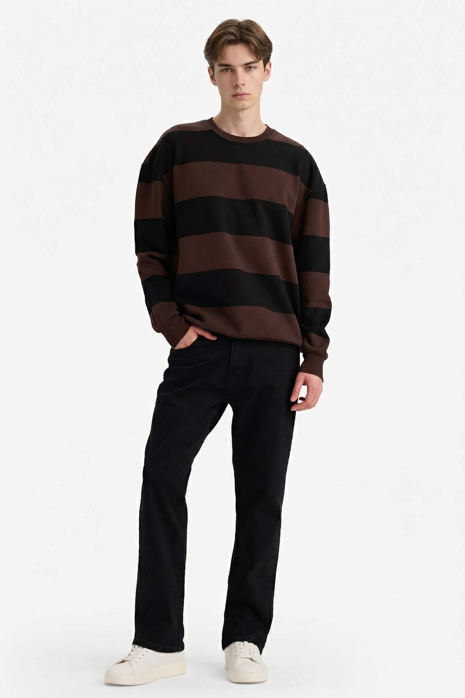 Boxy Fit Crew Neck Striped Sweatshirt
