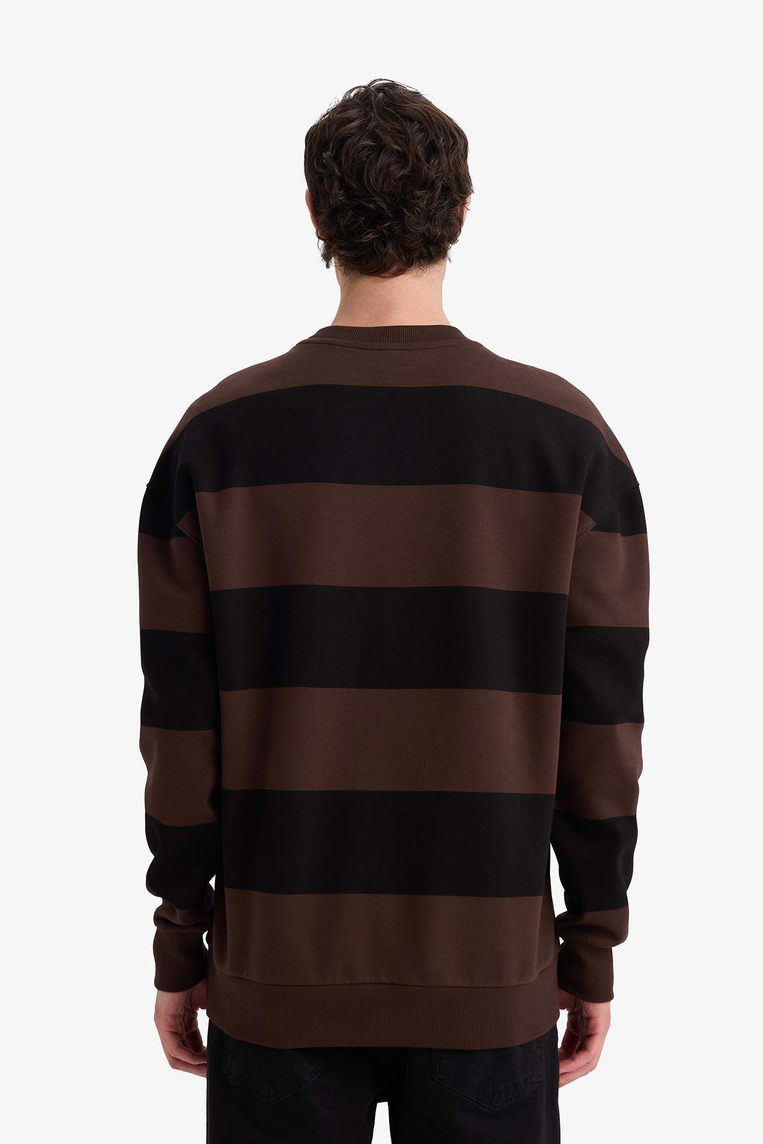 Boxy Fit Bisiklet Yaka Çizgili Sweatshirt