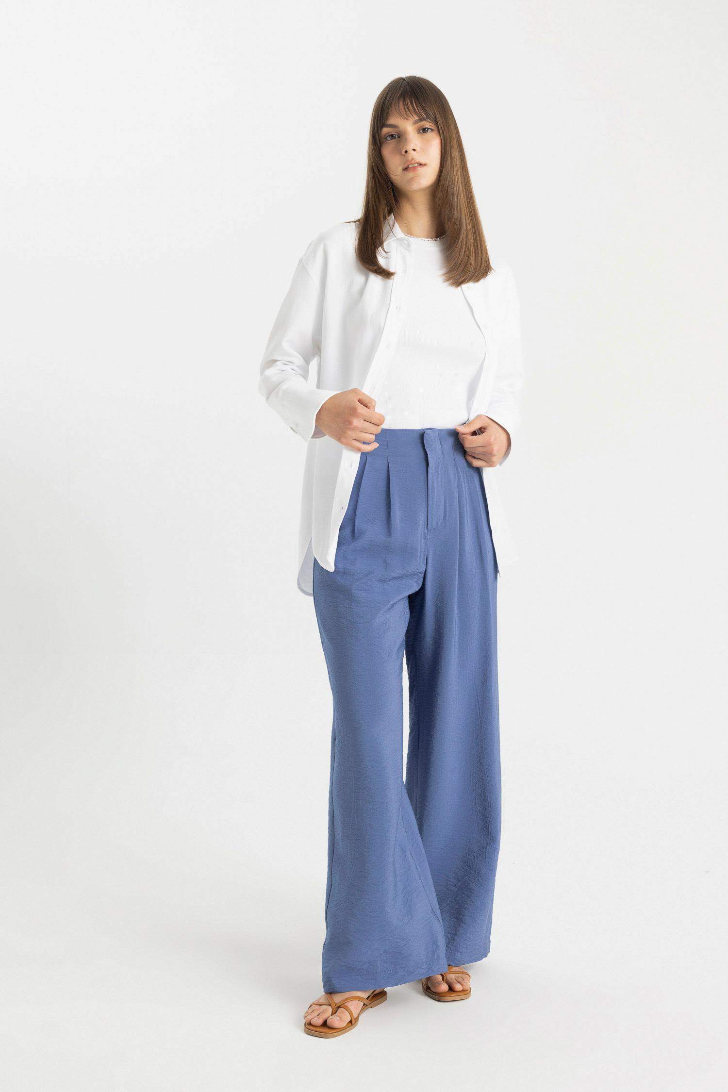 Wide Leg Geniş Bol Paça Çift Pileli Basic Düz Dokuma Palazzo Pantolon