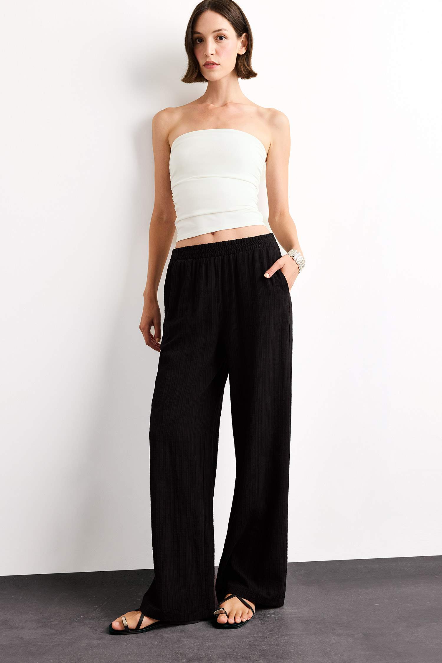 High Elastic Waist Wide Leg Trousers