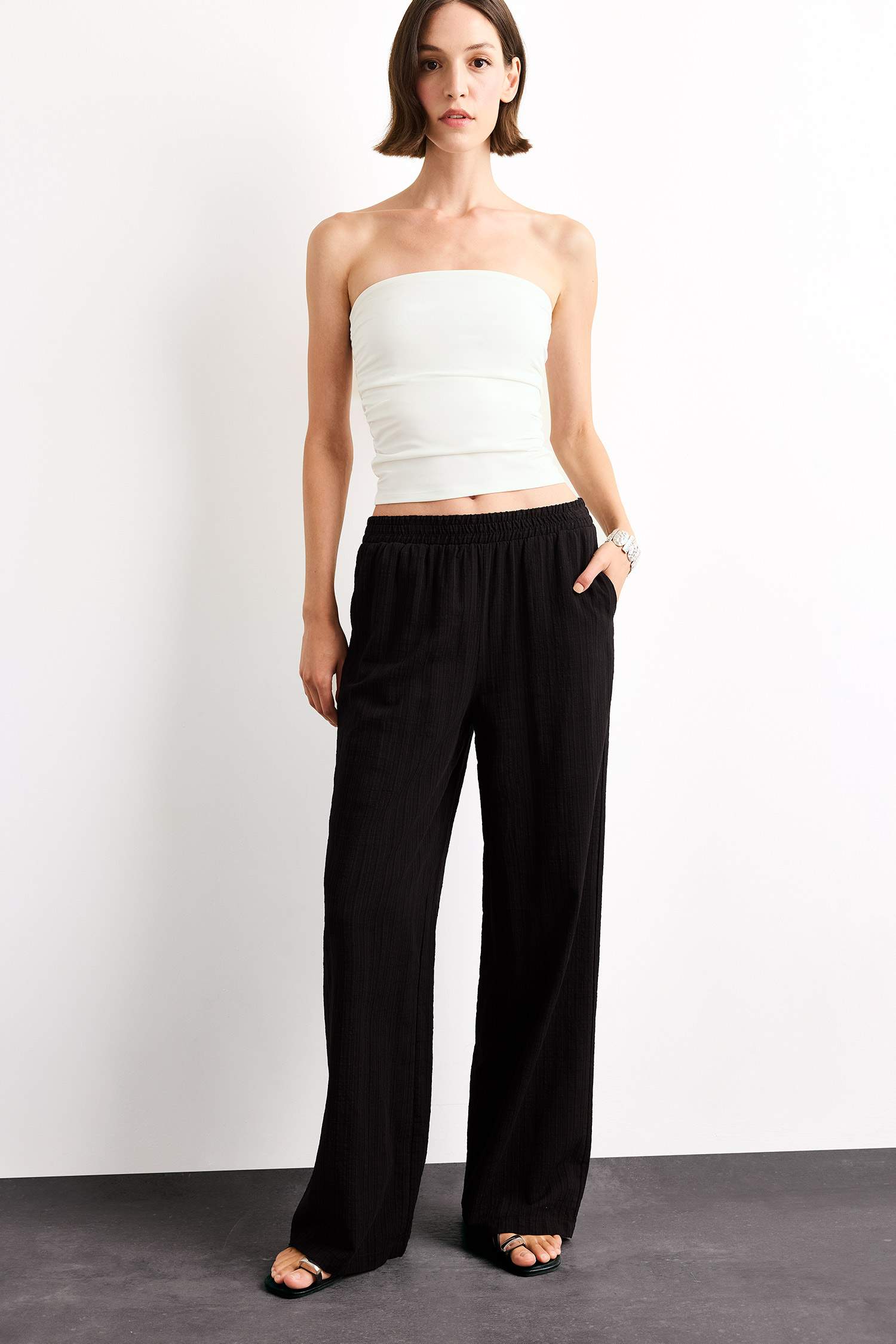 High Elastic Waist Wide Leg Trousers