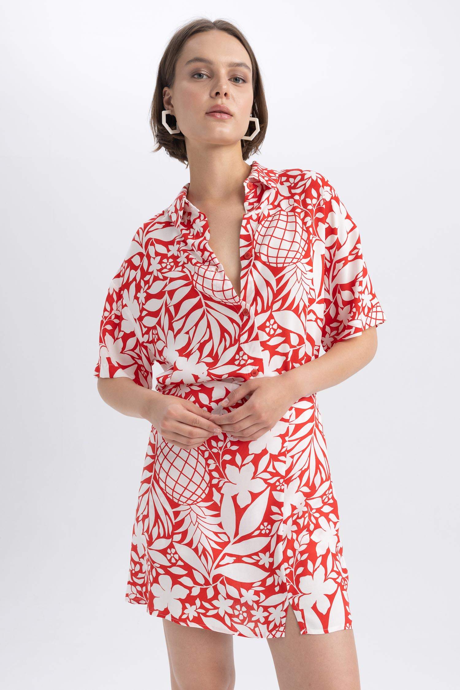 Oversize Fit Shirt Collar Printed Short Sleeve Shirt