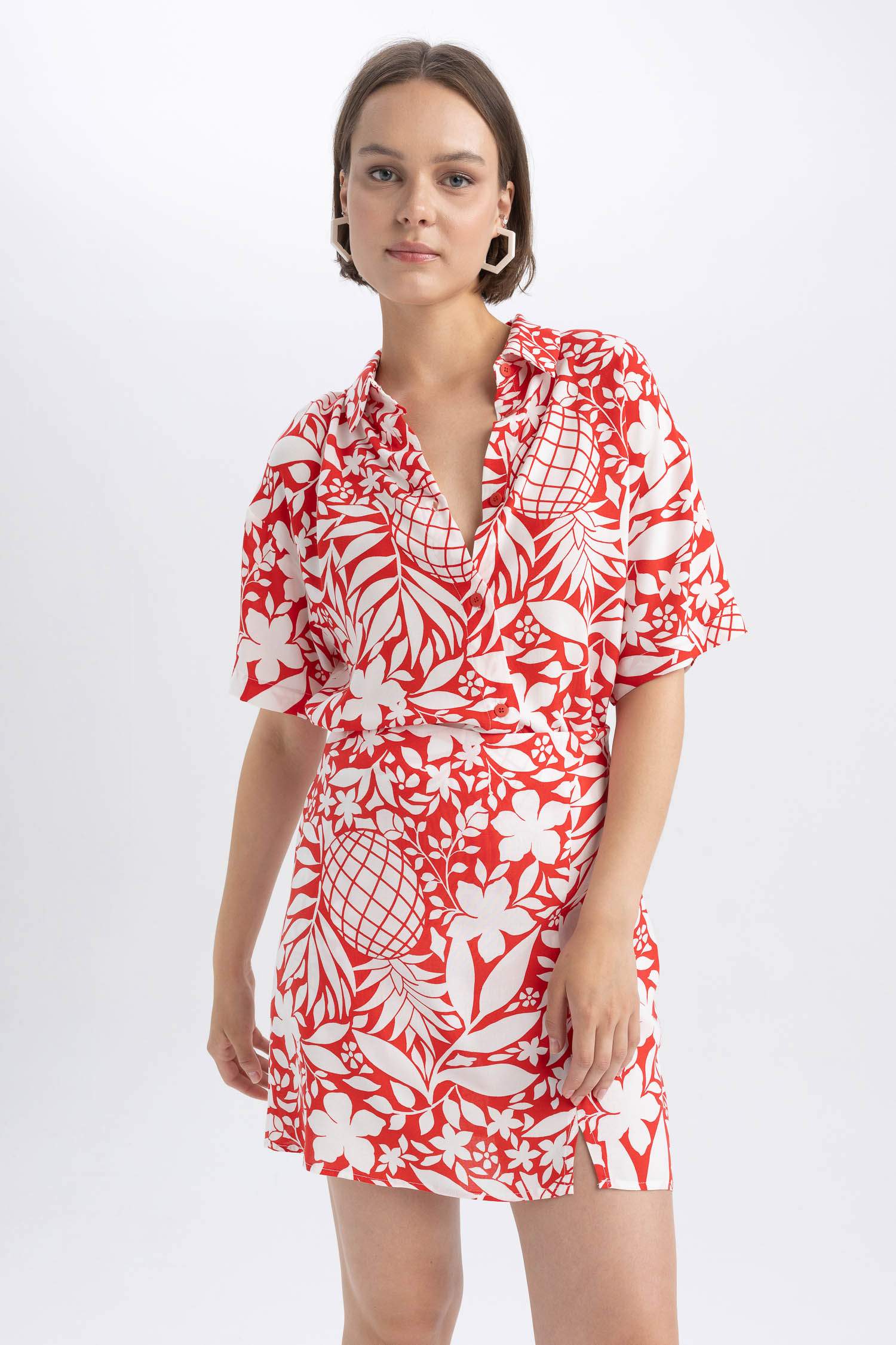 Oversize Fit Shirt Collar Printed Short Sleeve Shirt