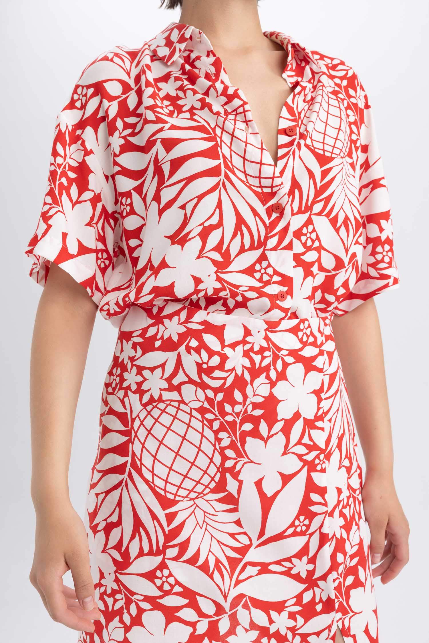 Oversize Fit Shirt Collar Printed Short Sleeve Shirt