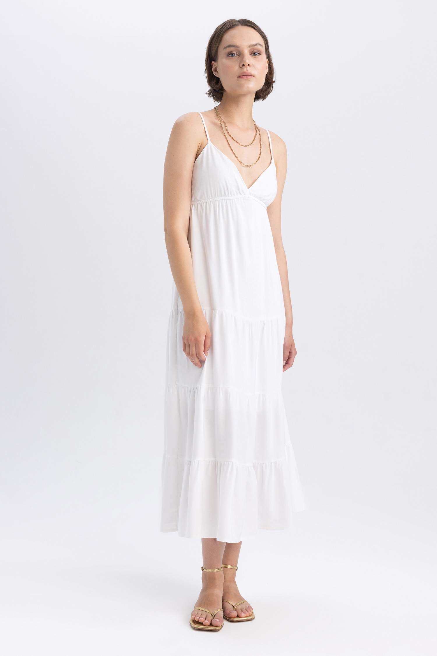 White WOMEN A Cut V-Neck linen Maxi Short Sleeve Woven Dress 2896289 ...