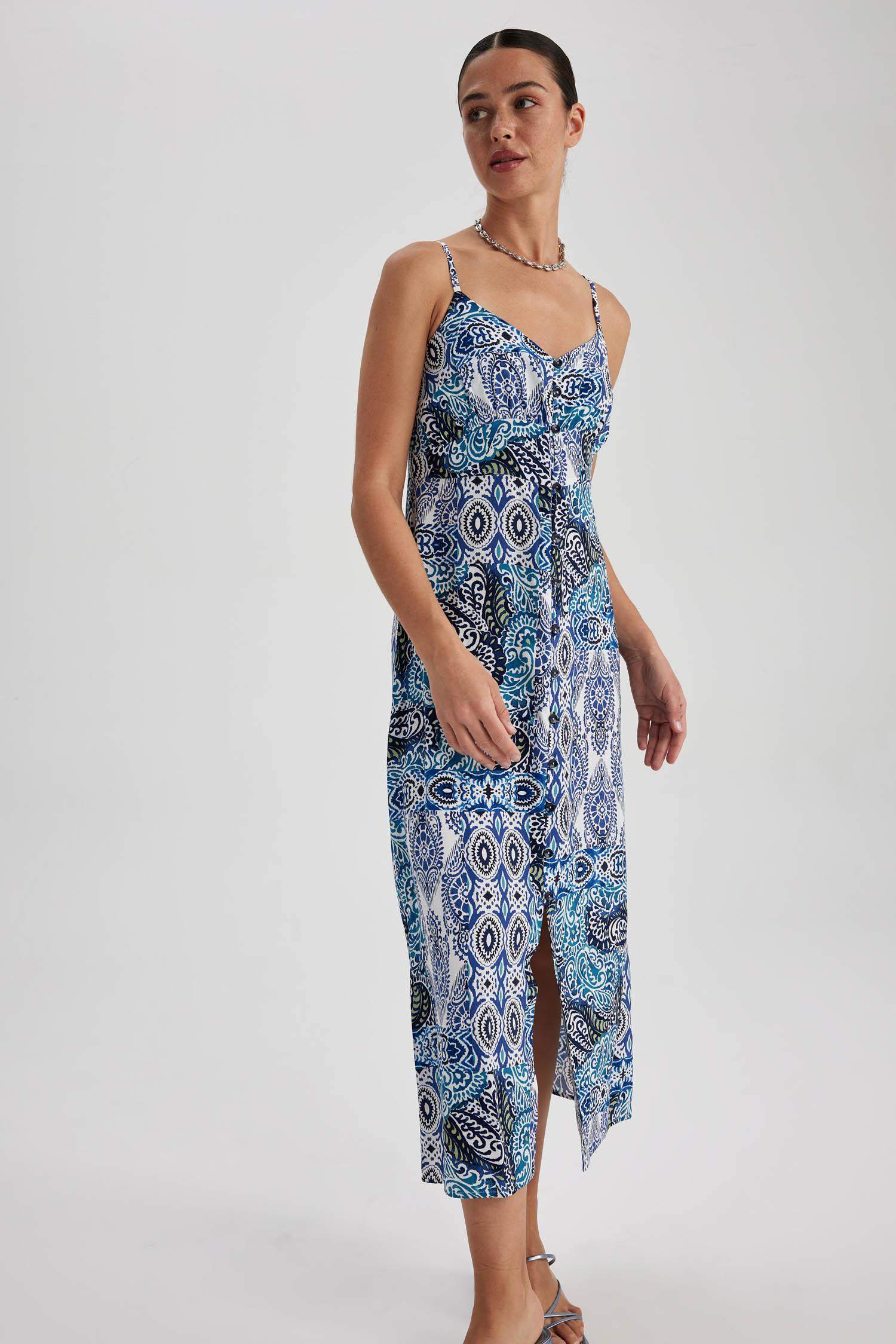 Heart Neck Ethnic Patterned Midi Dress