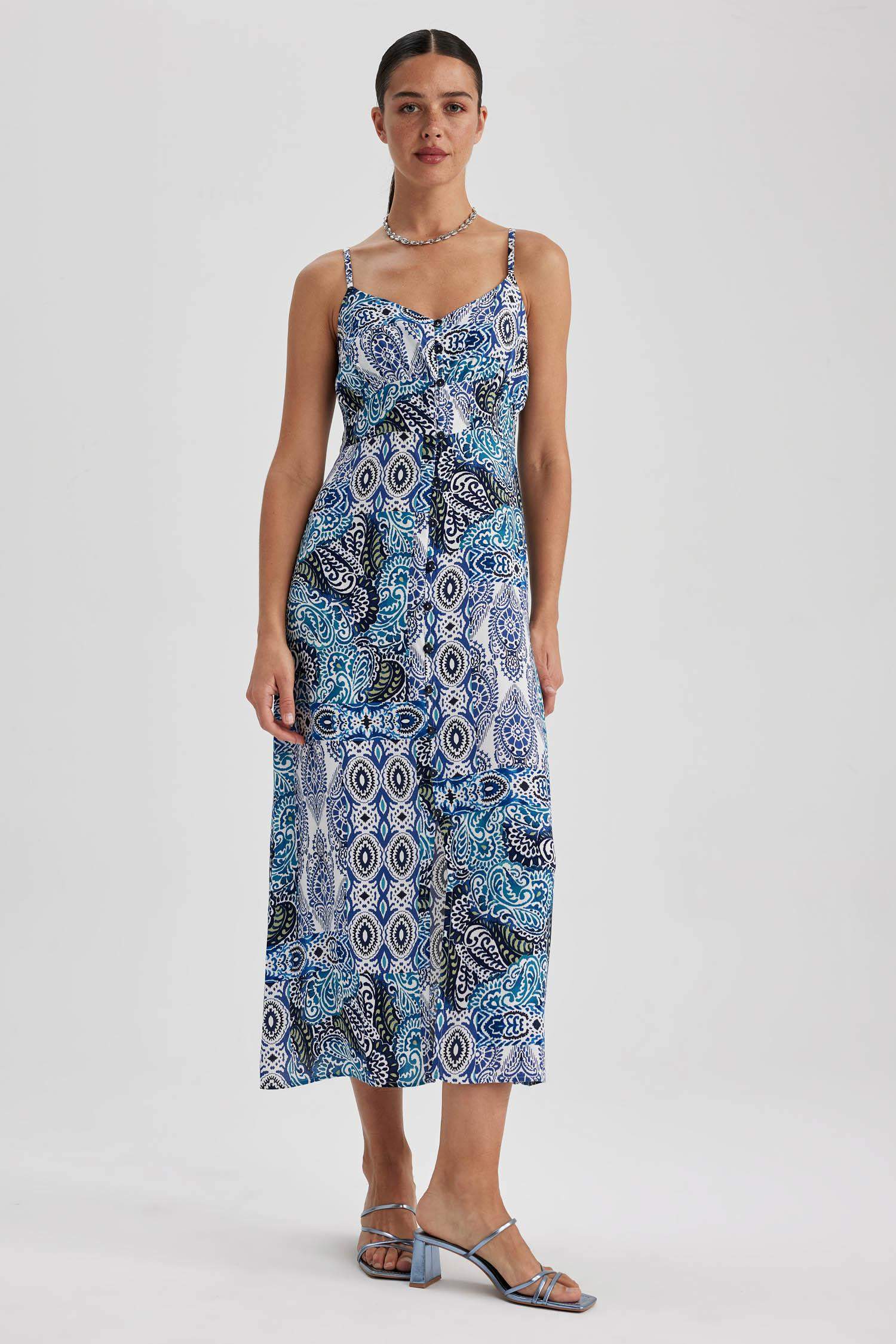Heart Neck Ethnic Patterned Midi Dress
