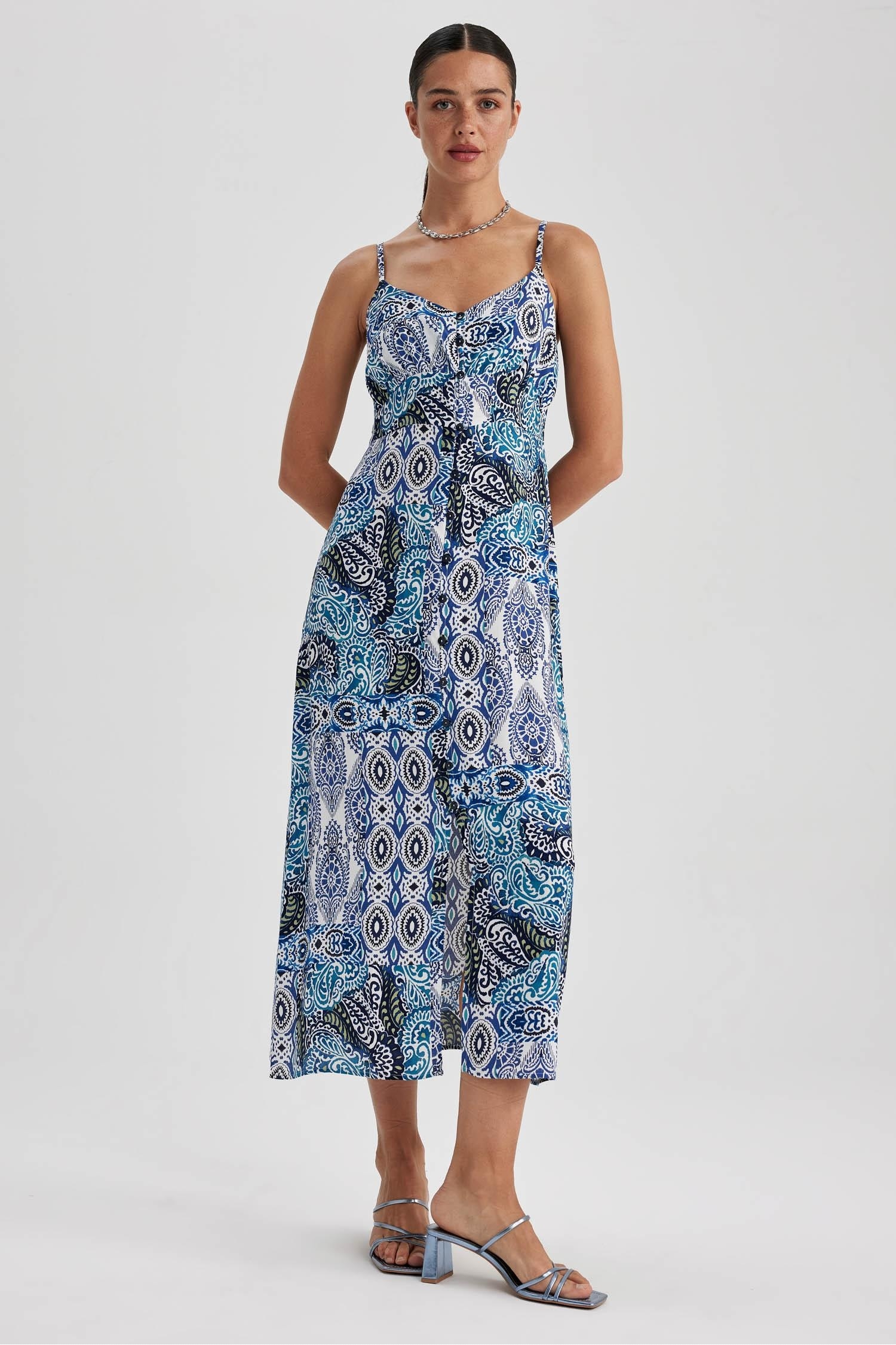 Heart Neck Ethnic Patterned Midi Dress