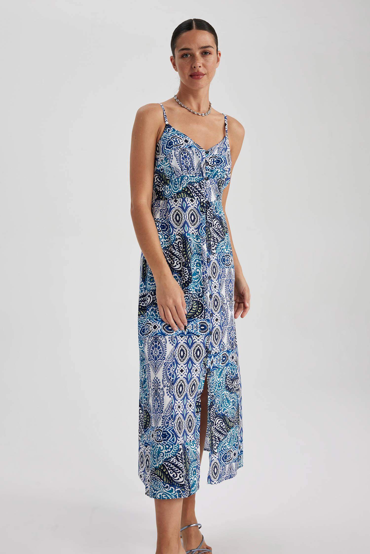 Heart Neck Ethnic Patterned Midi Dress