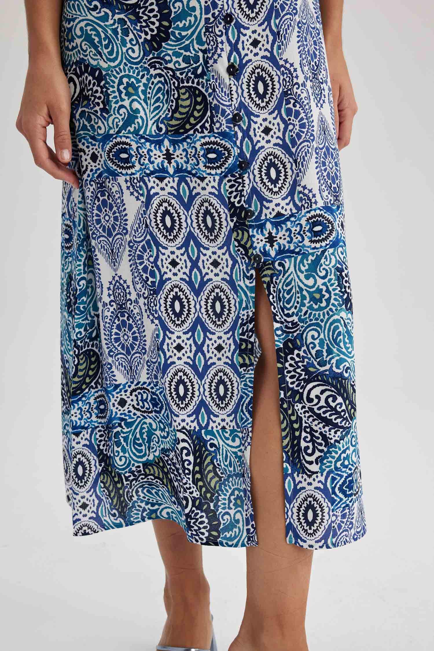 Heart Neck Ethnic Patterned Midi Dress