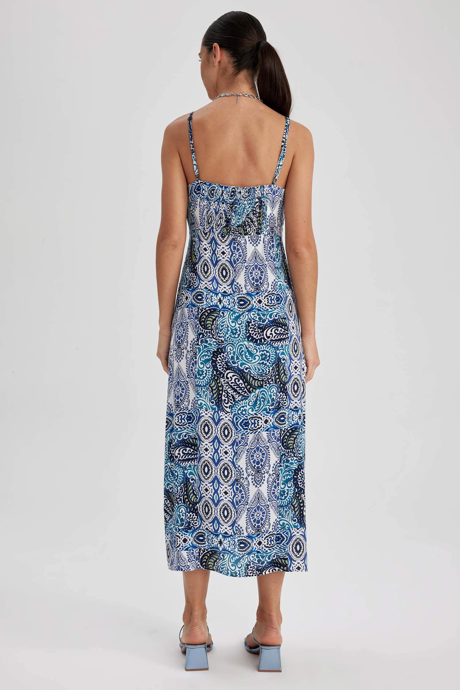 Heart Neck Ethnic Patterned Midi Dress