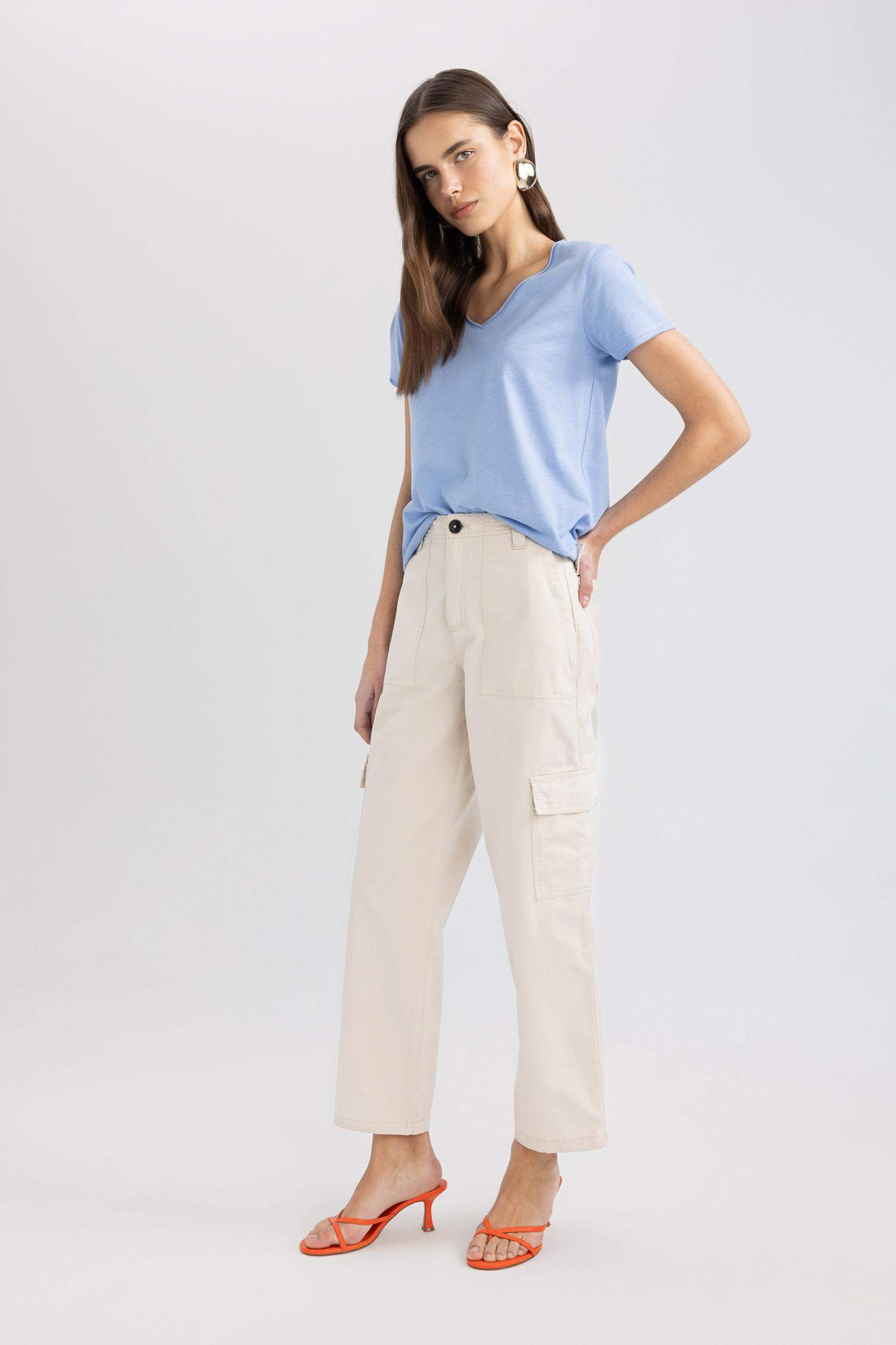 Pantalon Cargo Large Taille Haute Gabardine avec Poches Cargo coupe régulière