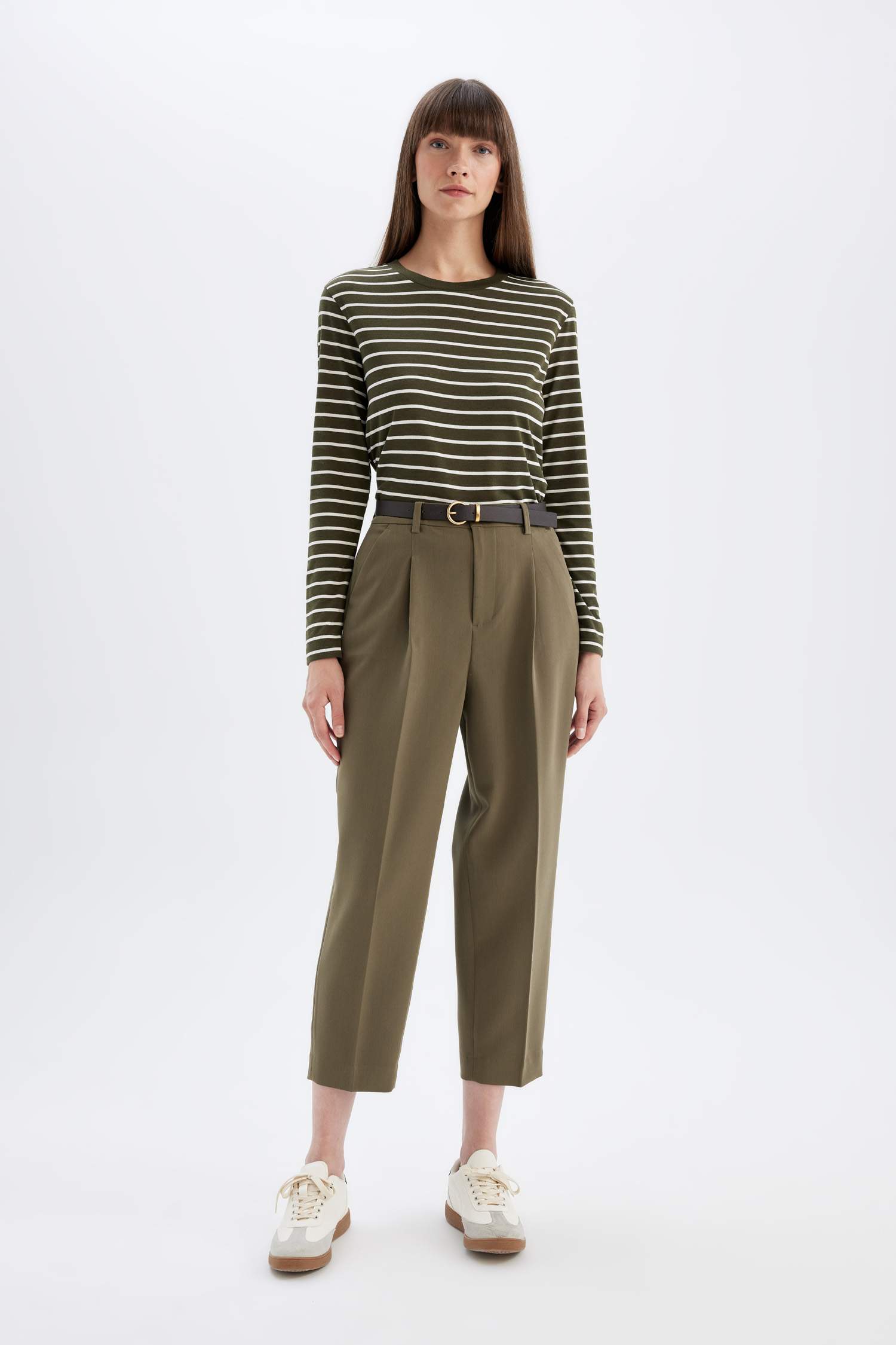 Regular Fit Bisiklet Yaka Çizgili Casual Uzun Kollu Tişört