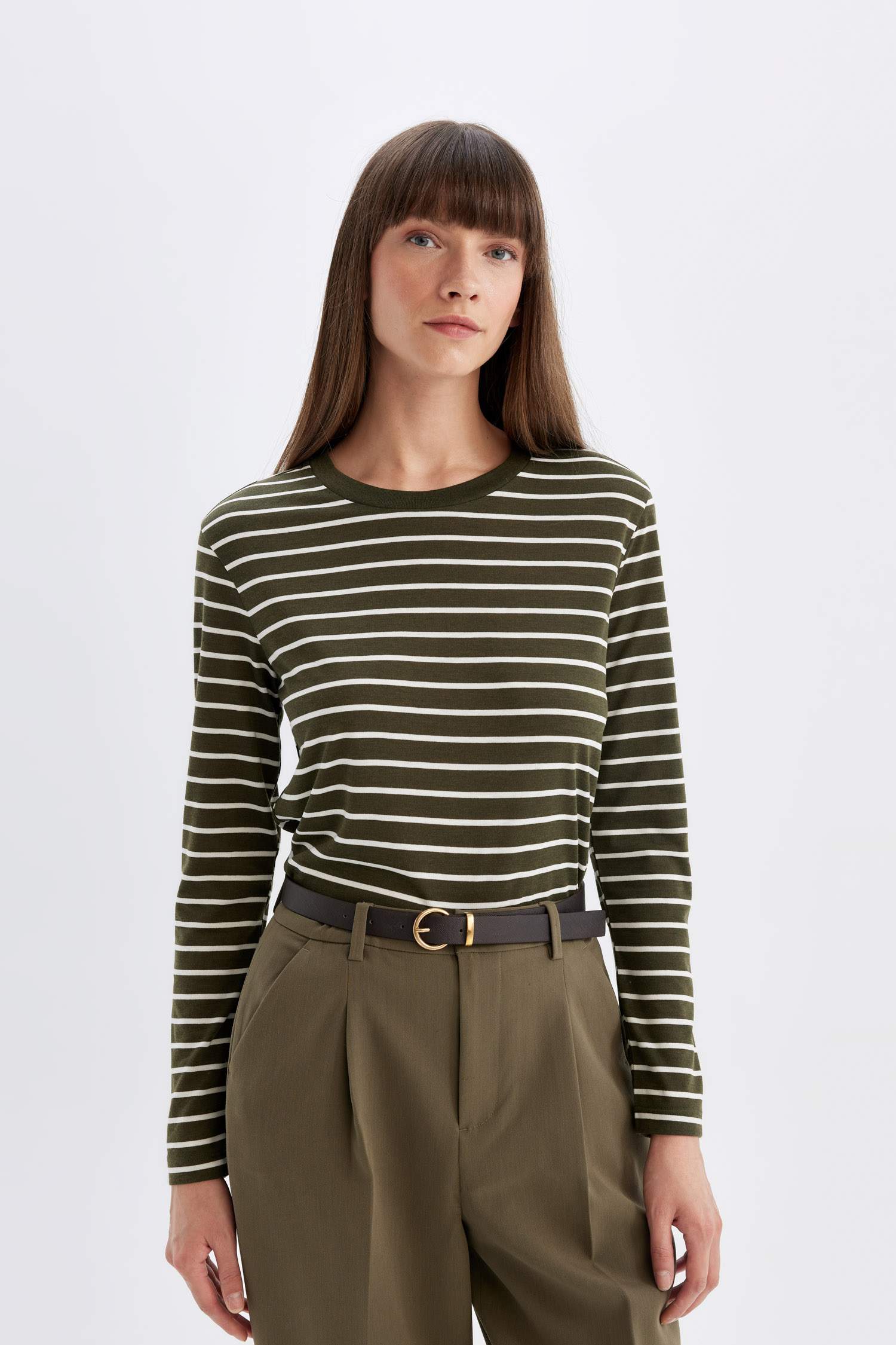 Regular Fit Bisiklet Yaka Çizgili Casual Uzun Kollu Tişört