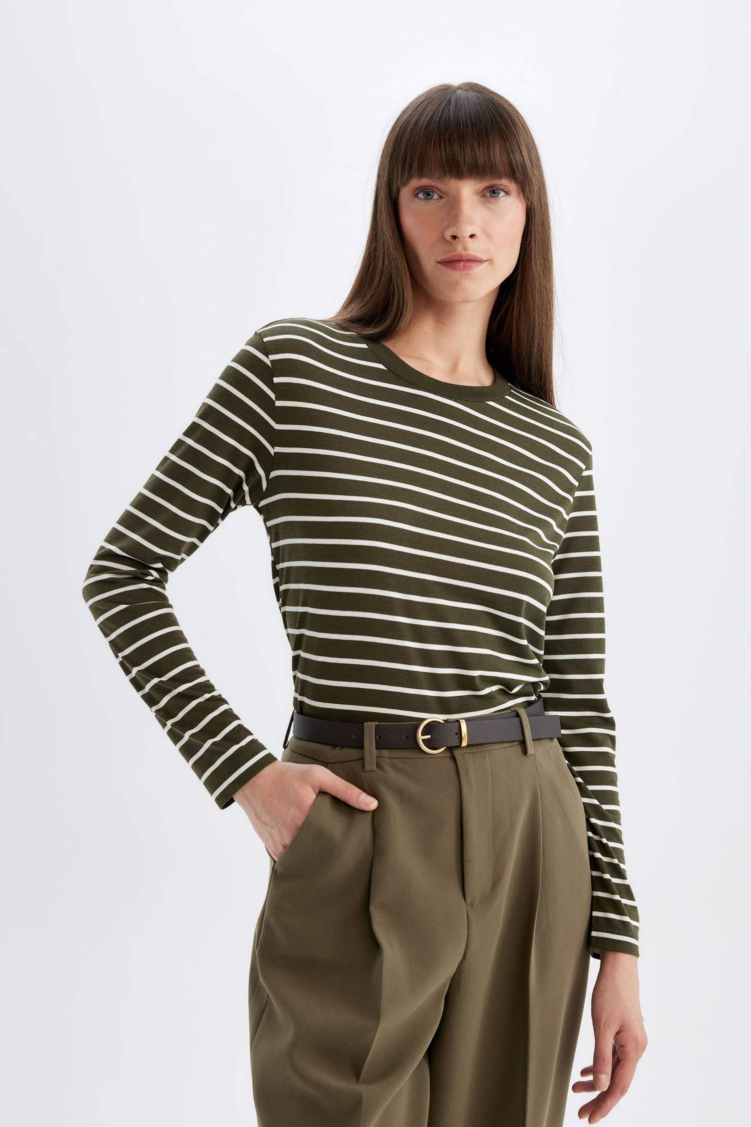 Regular Fit Bisiklet Yaka Çizgili Casual Uzun Kollu Tişört