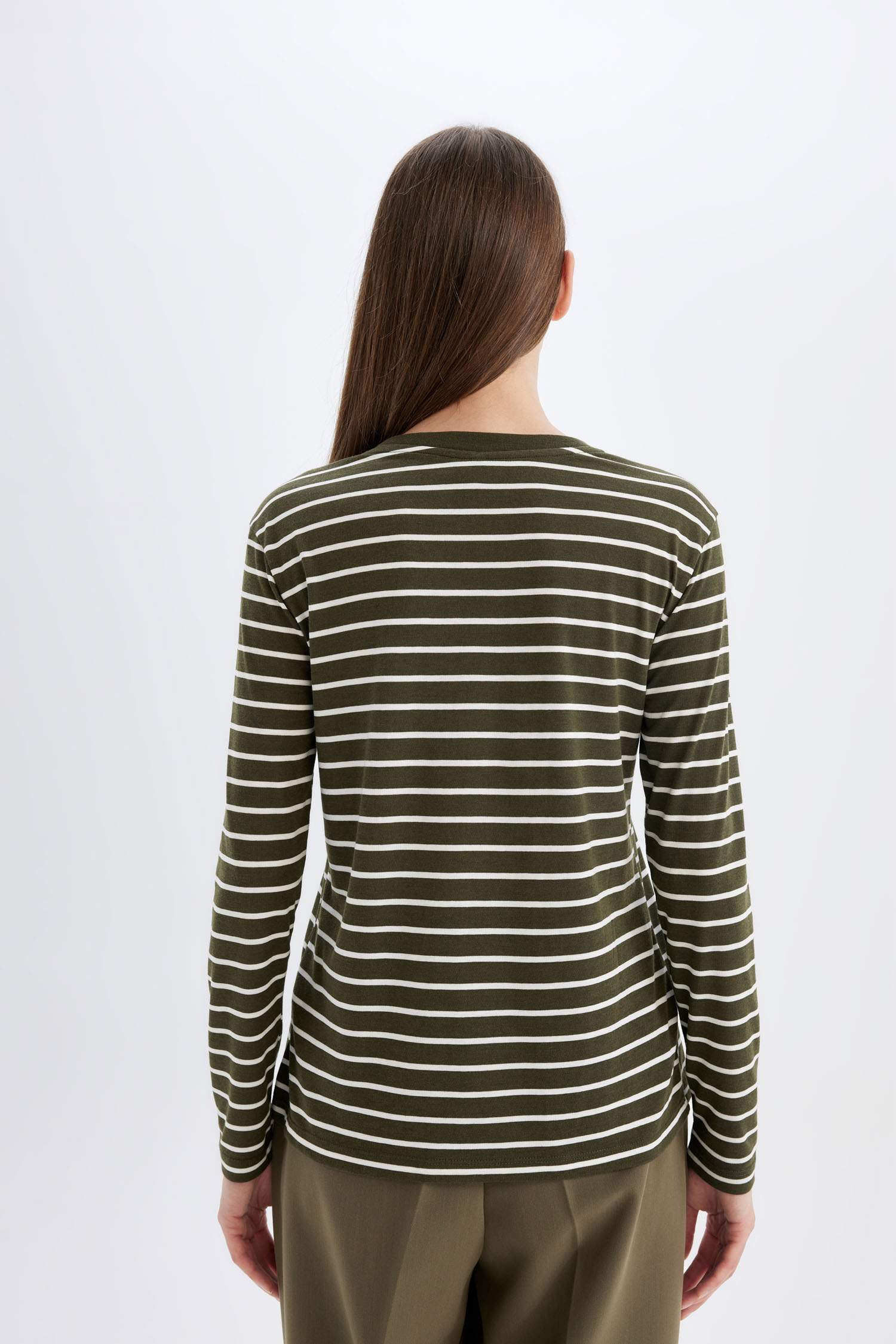 Regular Fit Bisiklet Yaka Çizgili Casual Uzun Kollu Tişört