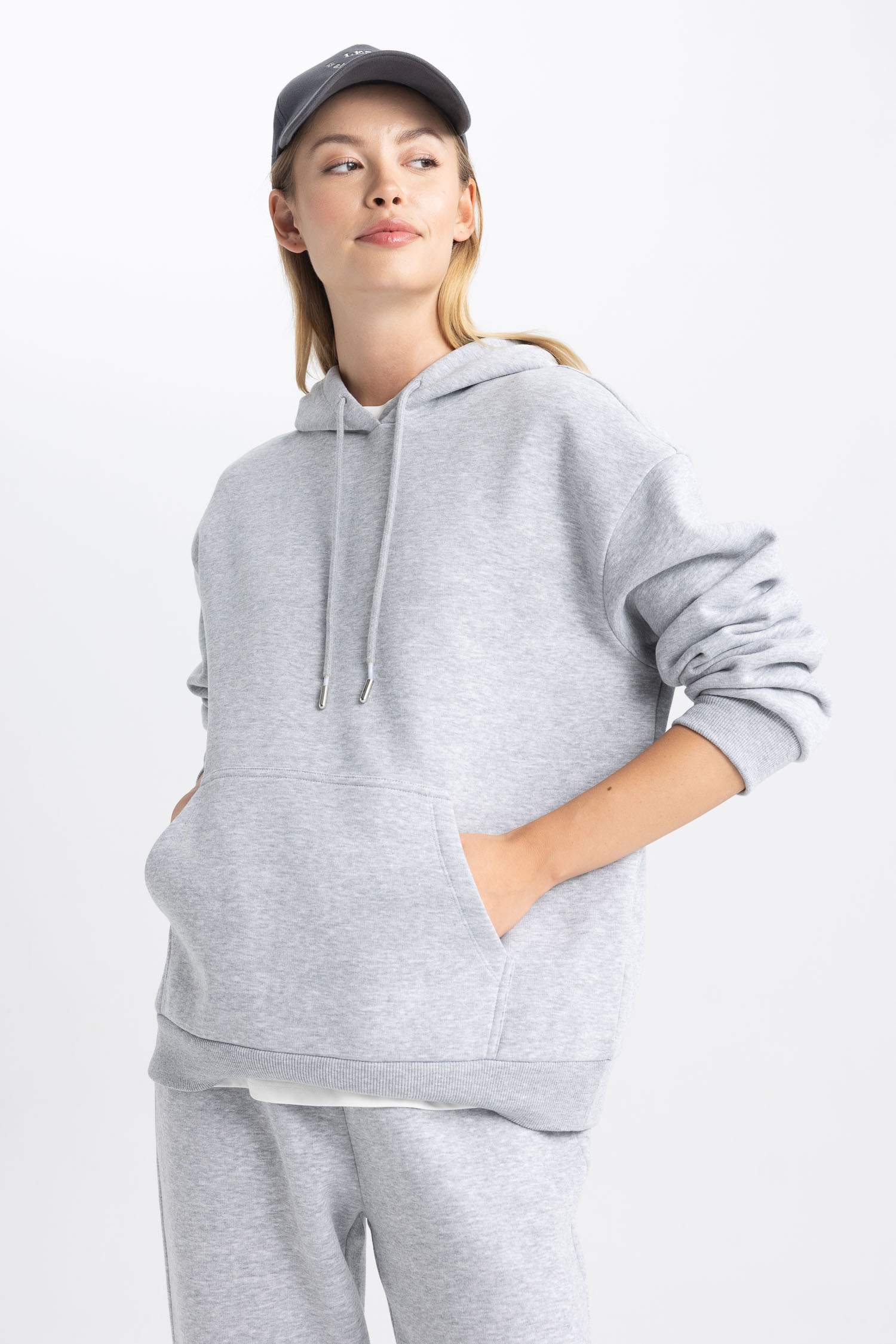 Relax Fit Kapüşonlu Basic Düz Kalın Sweatshirt