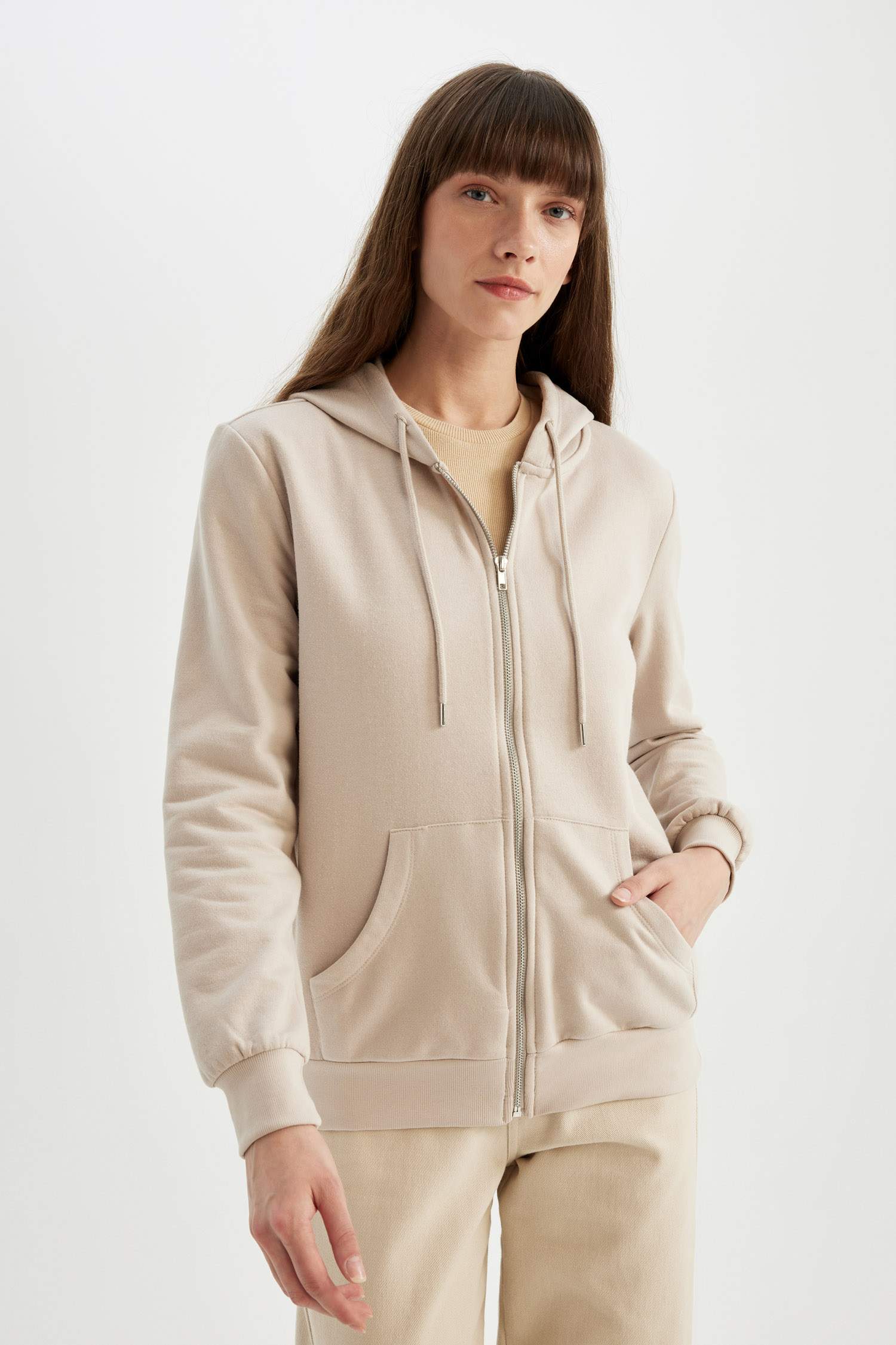 Regular Fit Kapüşonlu Cepli Basic Düz Fermuarlı Sweatshirt