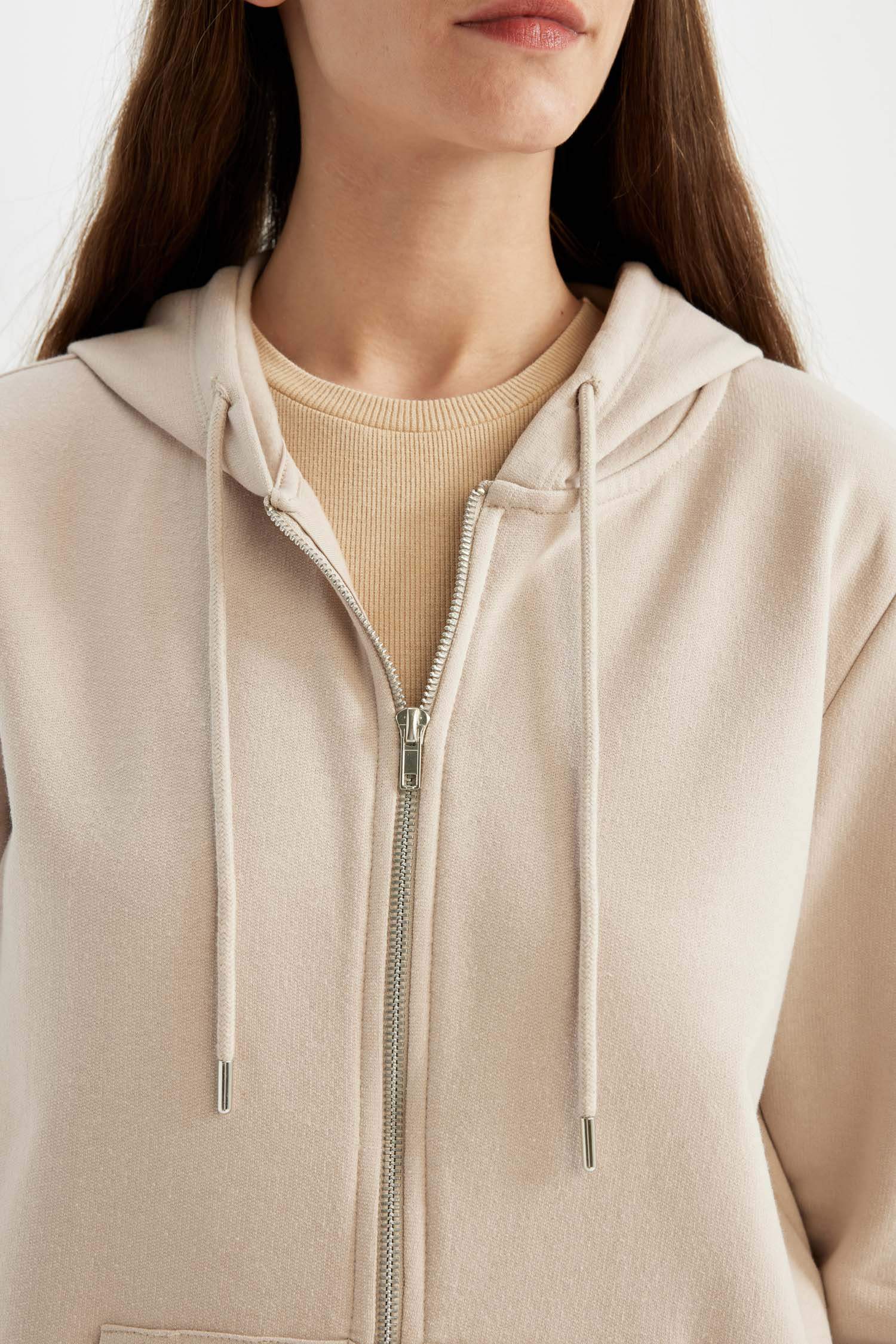 Regular Fit Kapüşonlu Cepli Basic Düz Fermuarlı Sweatshirt