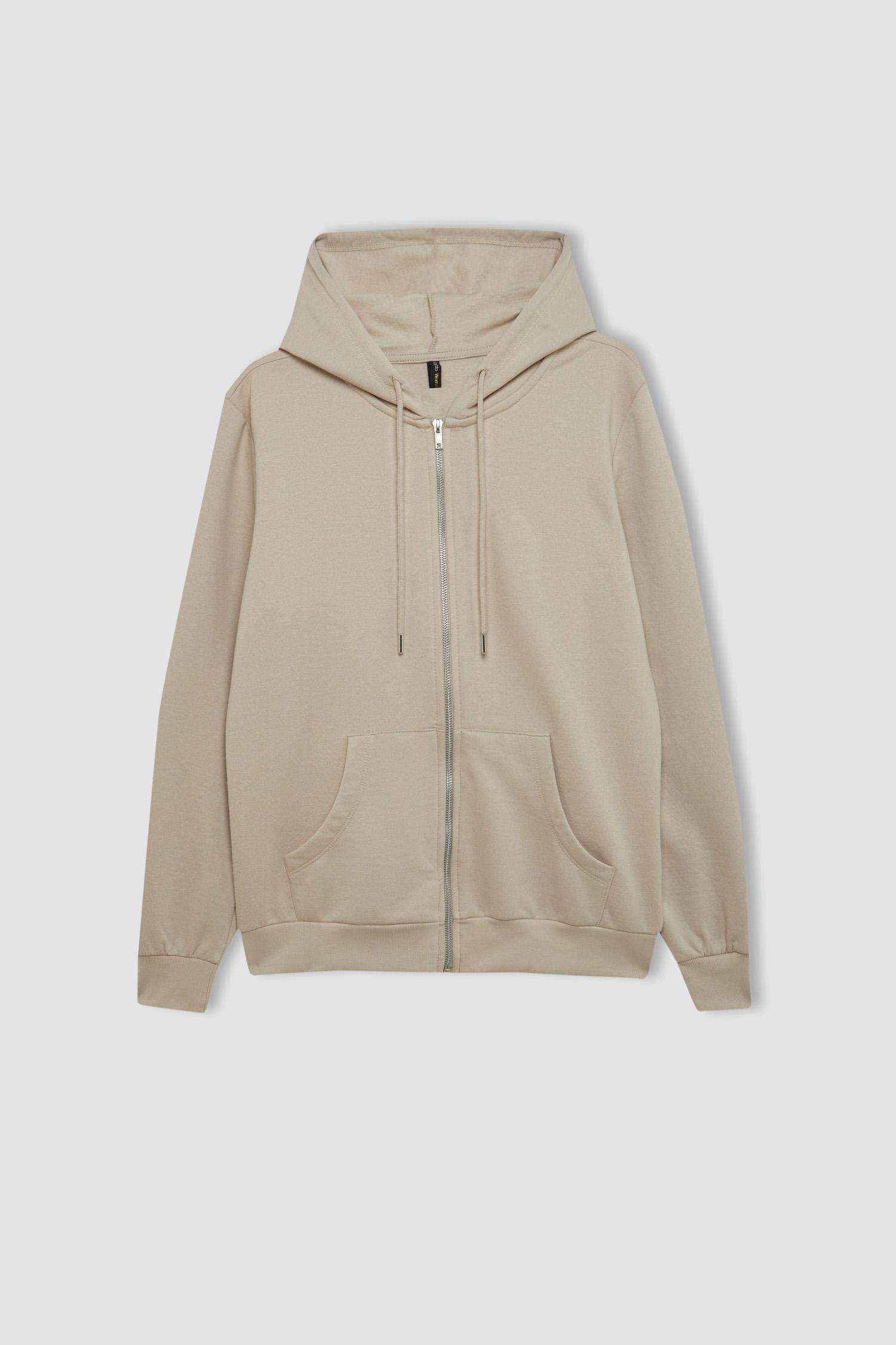 Regular Fit Kapüşonlu Cepli Basic Düz Fermuarlı Sweatshirt