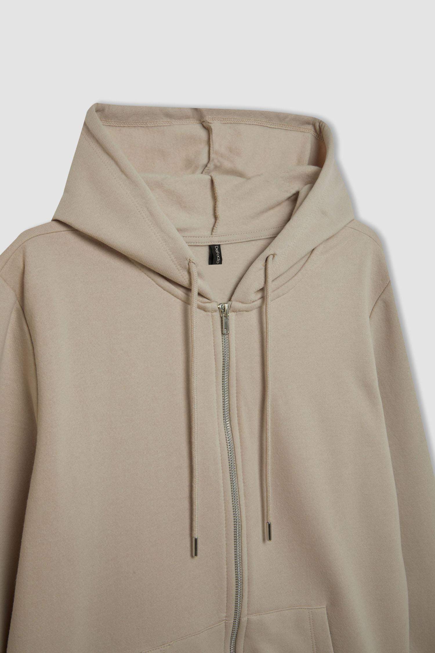 Regular Fit Kapüşonlu Cepli Basic Düz Fermuarlı Sweatshirt