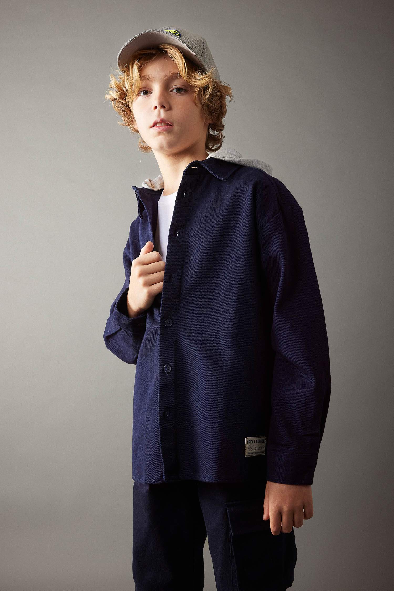 Boy Oversize Fit Hooded Gabardine Long Sleeve Shirt