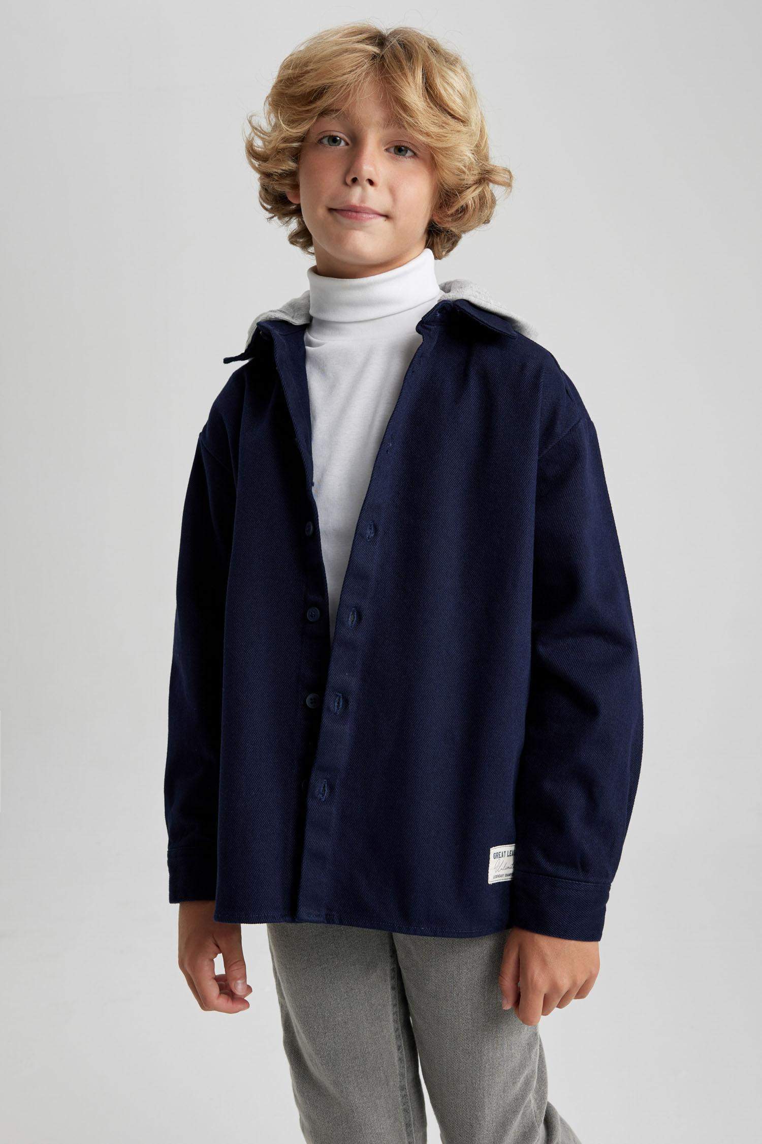 Boy Oversize Fit Hooded Gabardine Long Sleeve Shirt