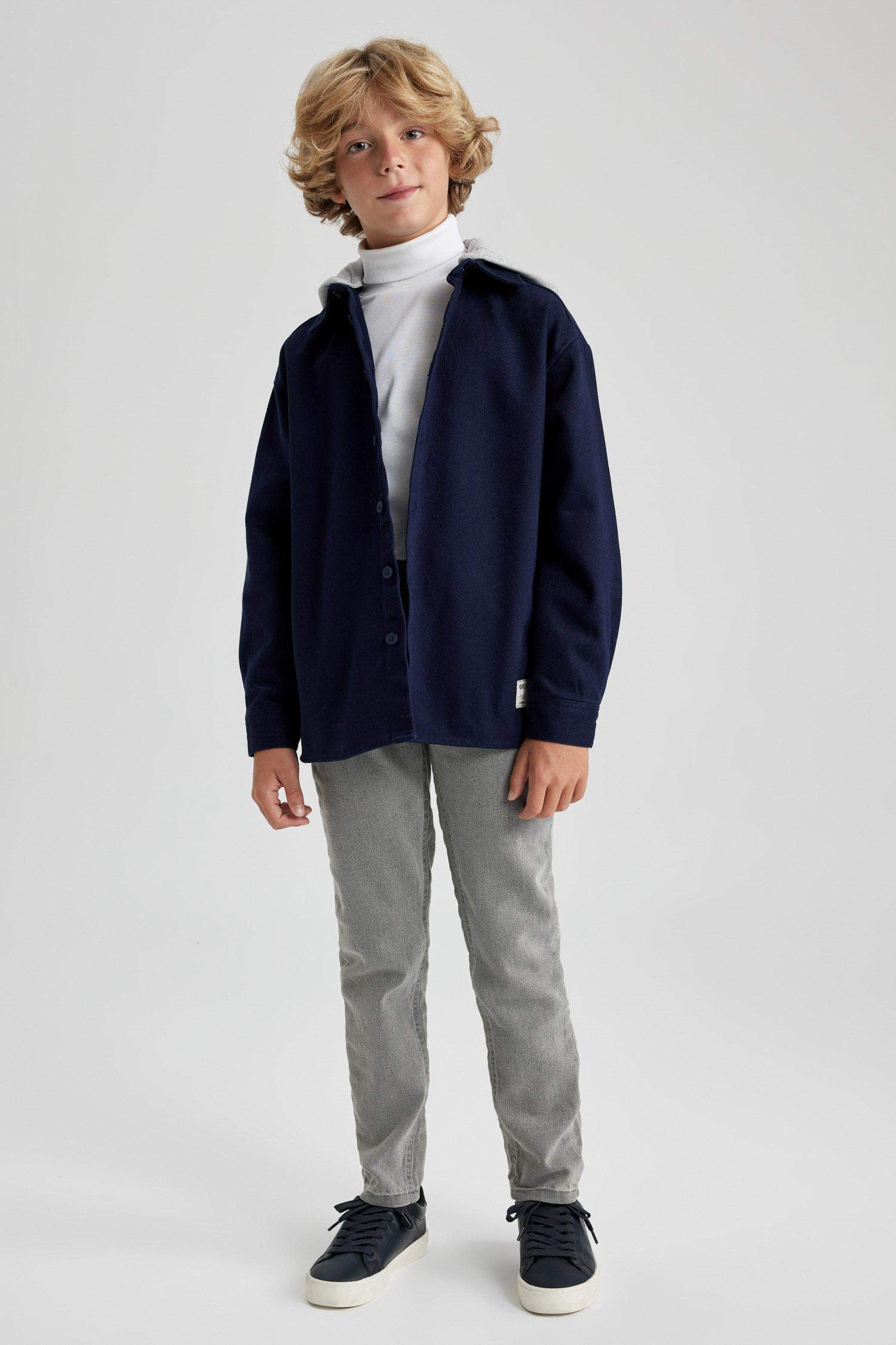 Boy Oversize Fit Hooded Gabardine Long Sleeve Shirt