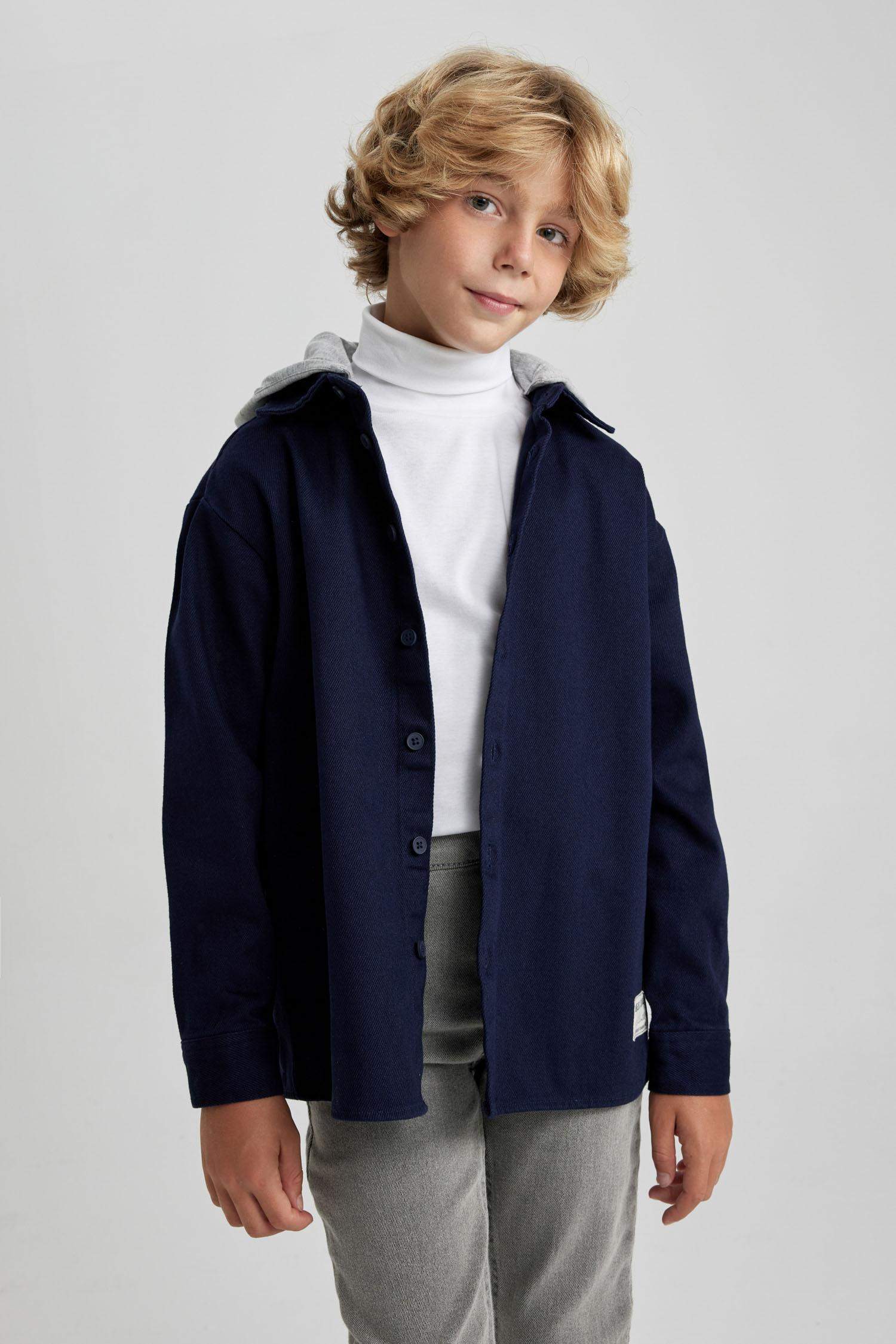 Boy Oversize Fit Hooded Gabardine Long Sleeve Shirt
